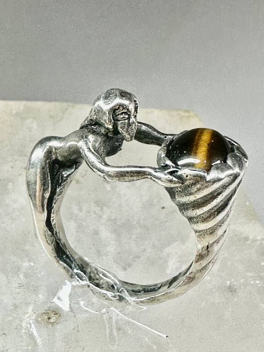 Figurative ring tiger eye cornucopia naked lady band size 7.50 sterling silver women