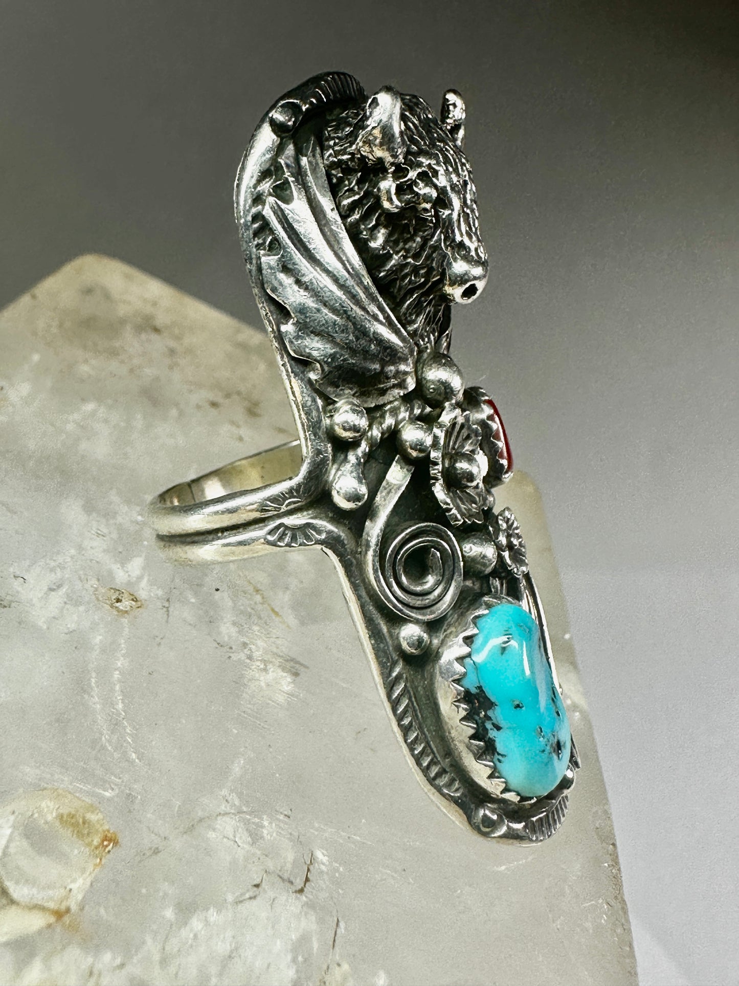 Buffalo long Navajo turquoise coral ring size 9 squash blossom sterling silver women
