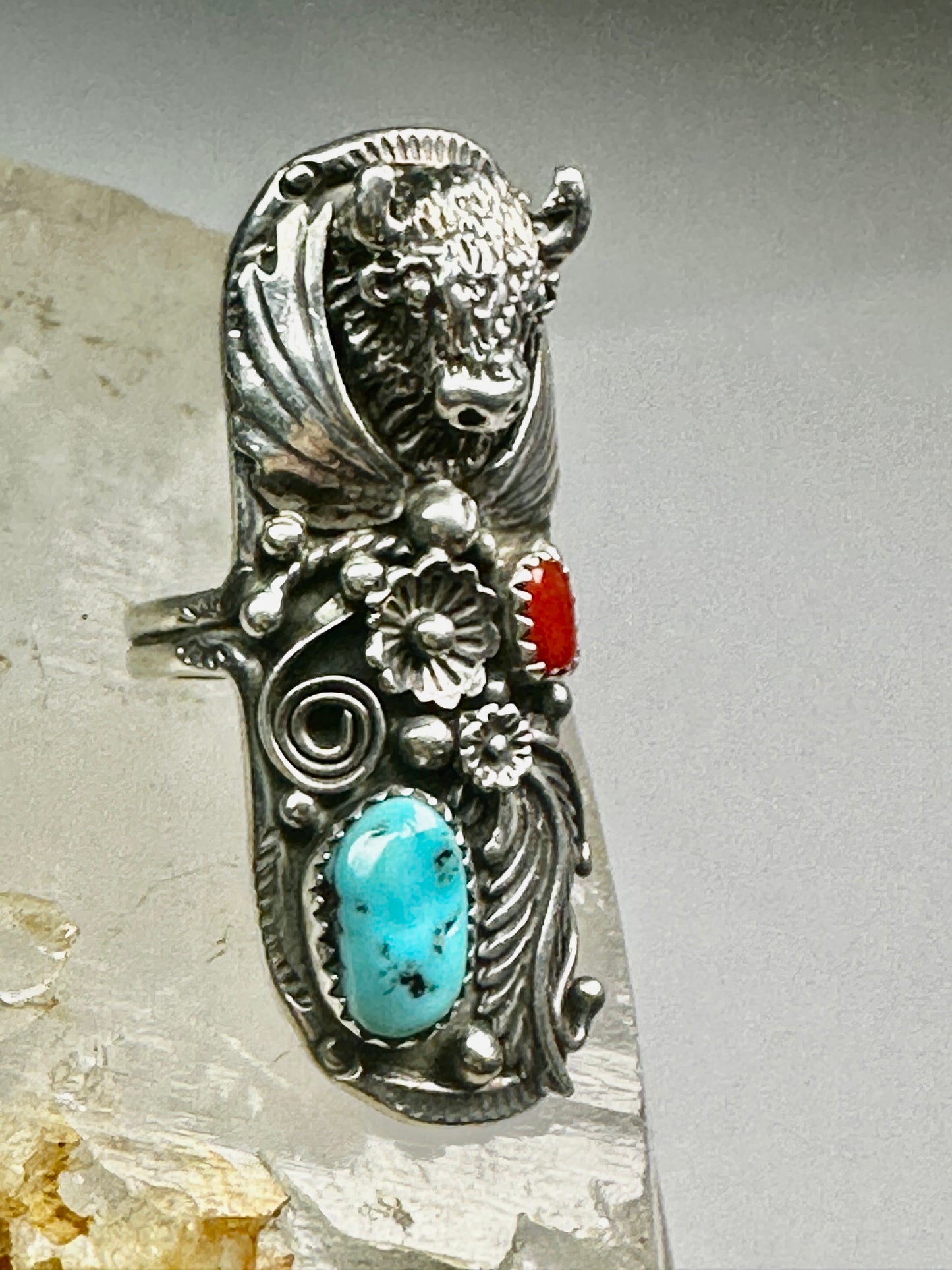 Buffalo long Navajo turquoise coral ring size 9 squash blossom sterling silver women
