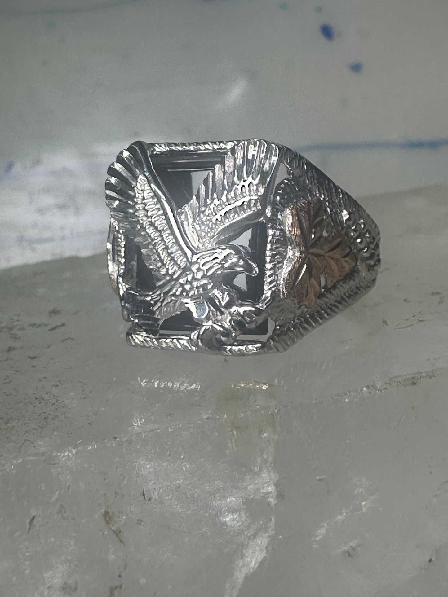 Eagle ring Black Hills Gold onyx band sterling silver women men