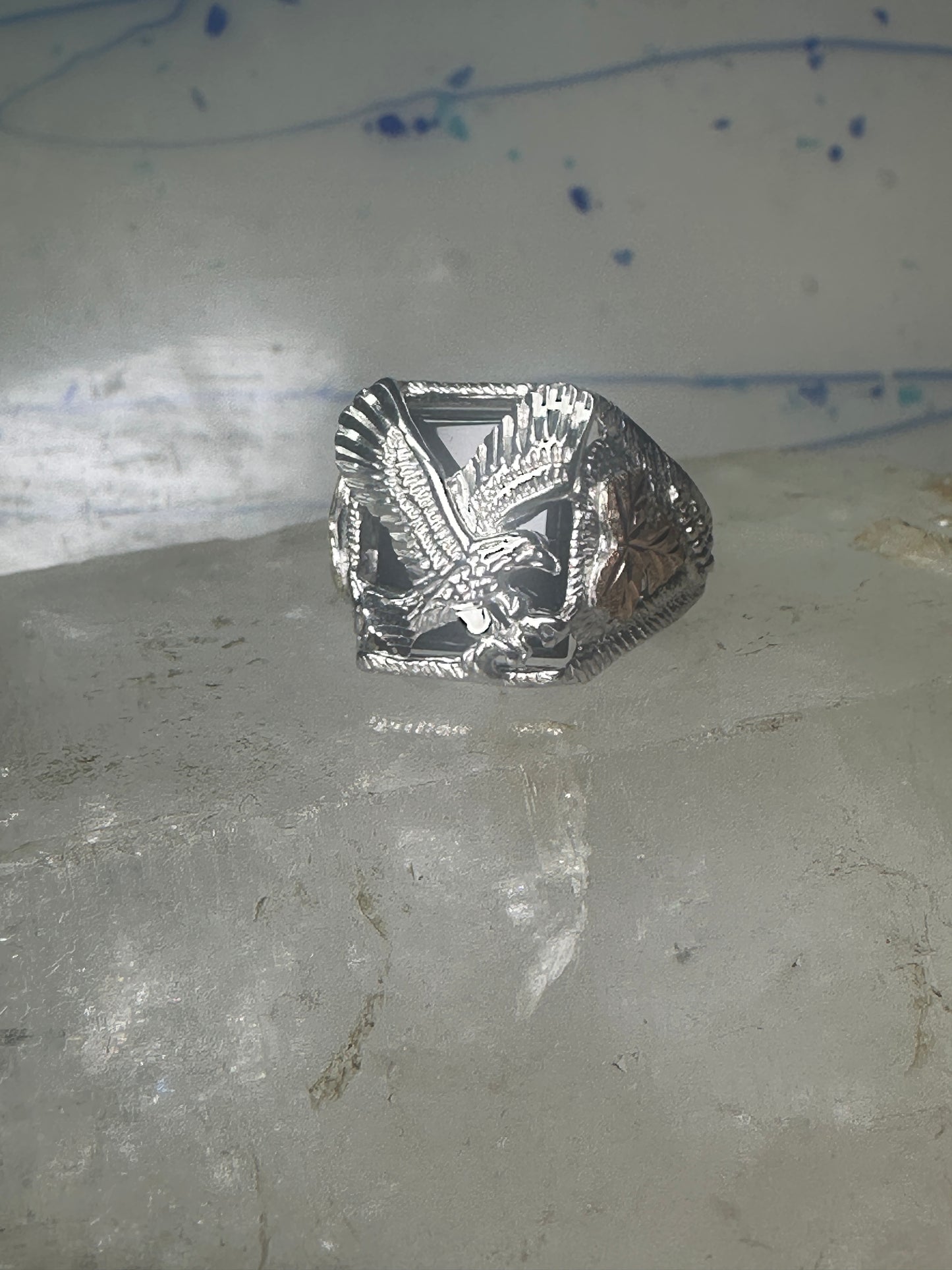 Eagle ring Black Hills Gold onyx band sterling silver women men