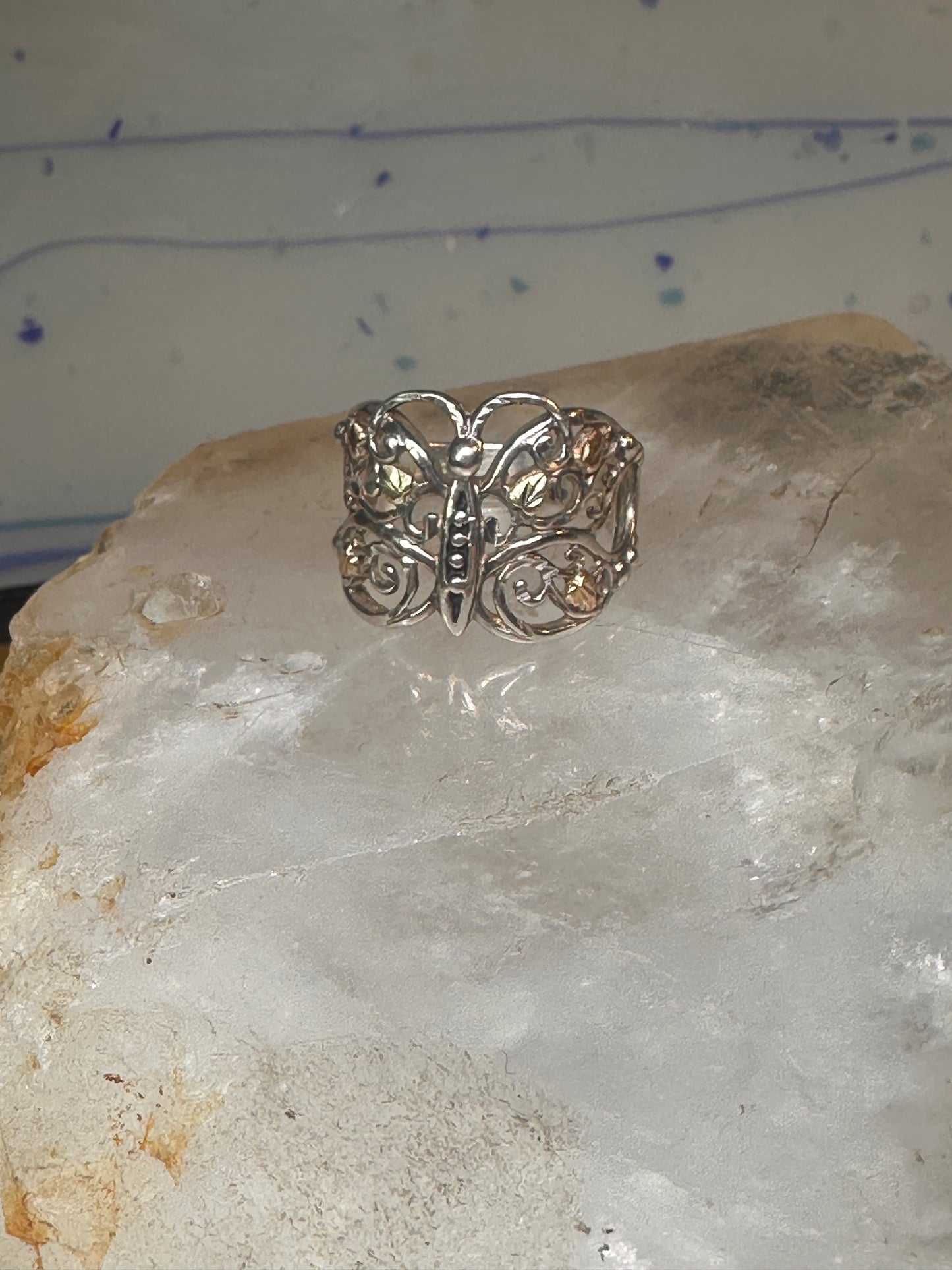 Butterfly ring Black Hills Gold band leaves Size 7.75 sterling silver&nbsp;