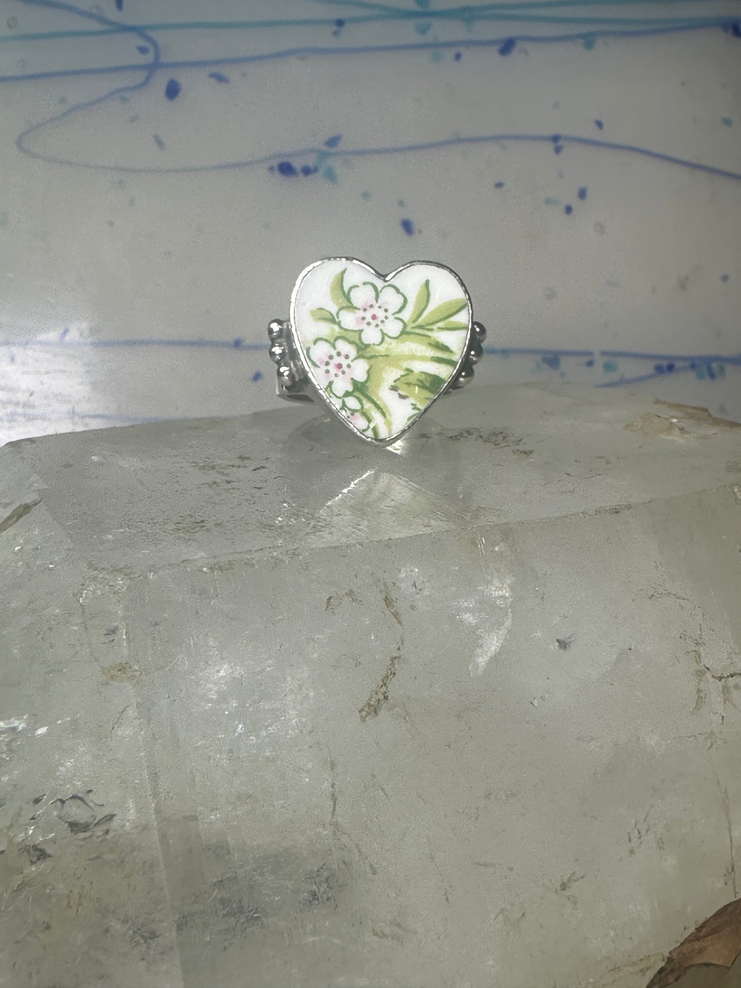 Heart ring Porcelain Ceramic floral flowers Valentine band size 8.50 sterling silver women girls