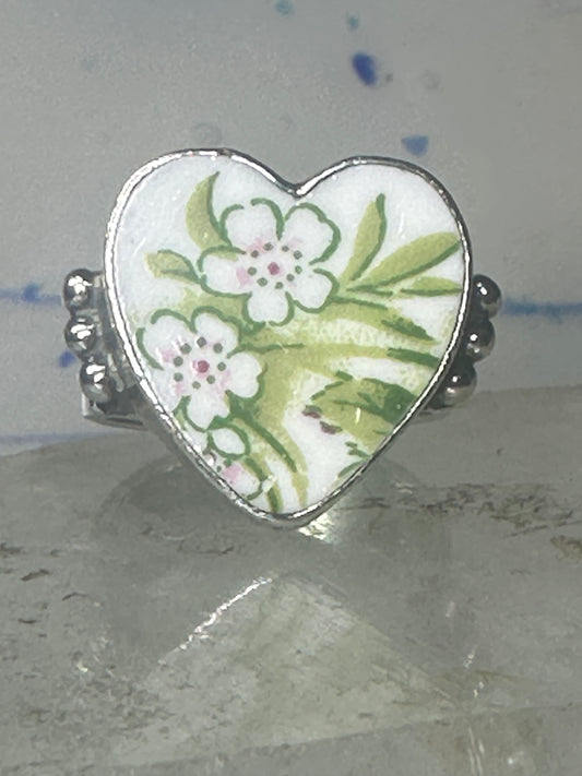 Heart ring Porcelain Ceramic floral flowers Valentine band size 8.50 sterling silver women girls