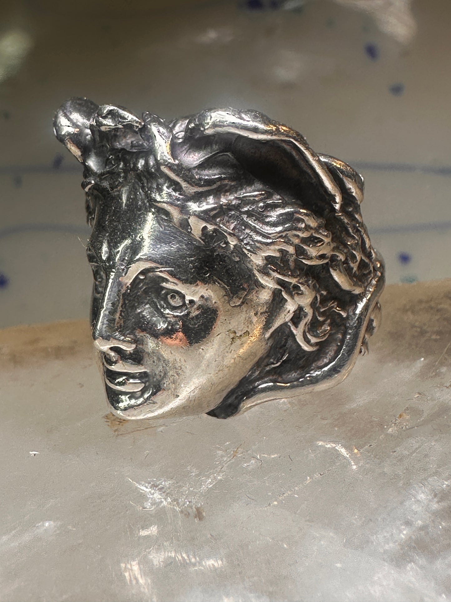 Face ring Classical Renaissance band Size 7.75 sterling silver signed Italy
