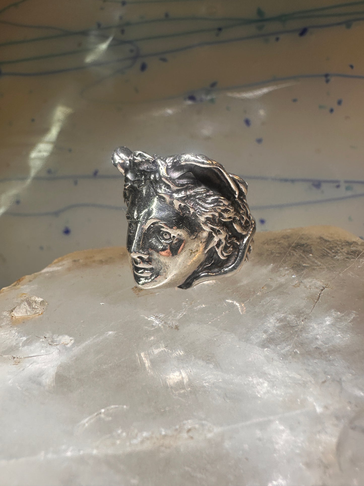 Face ring Classical Renaissance band Size 7.75 sterling silver signed Italy