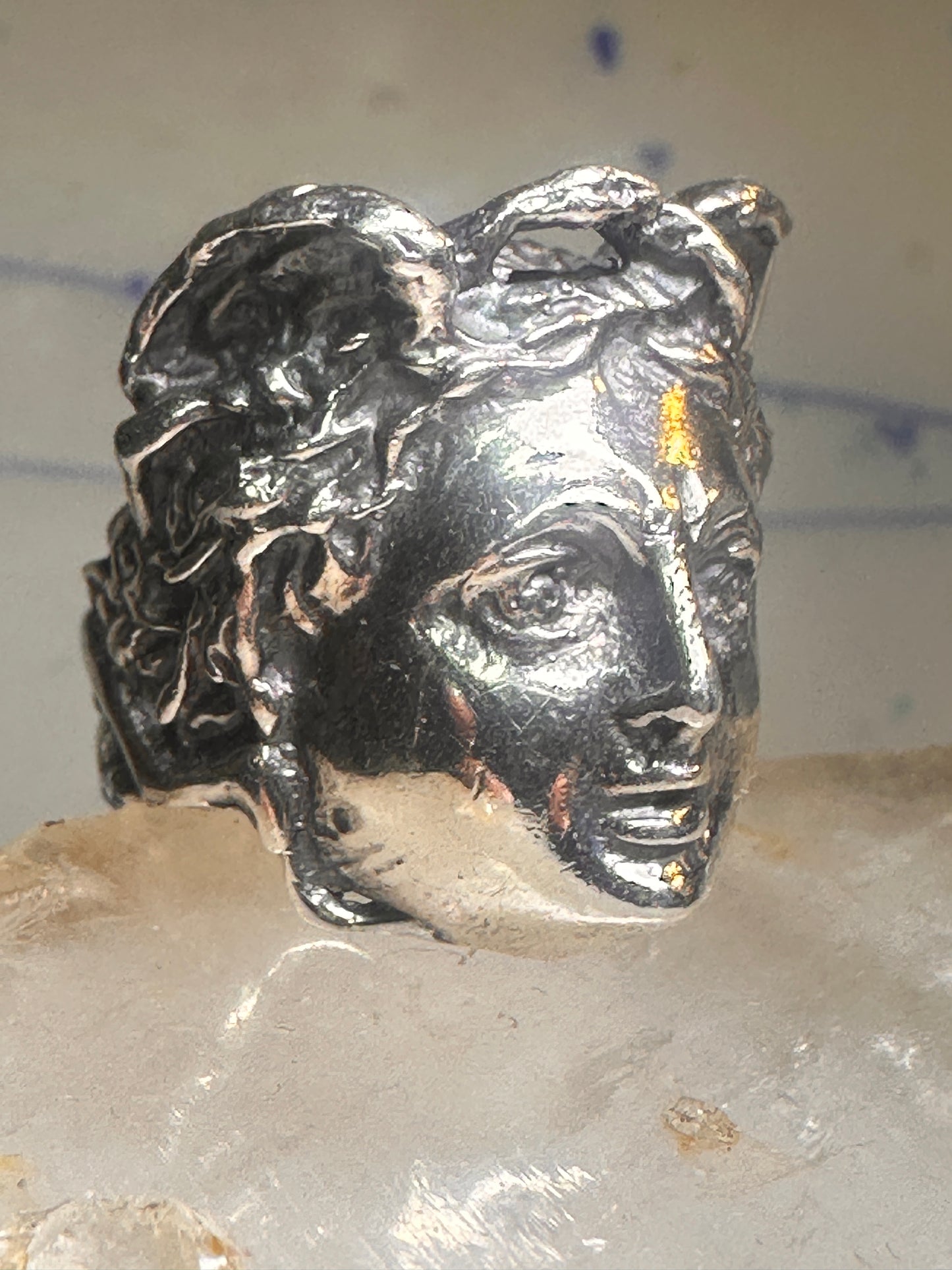 Face ring Classical Renaissance band Size 7.75 sterling silver signed Italy