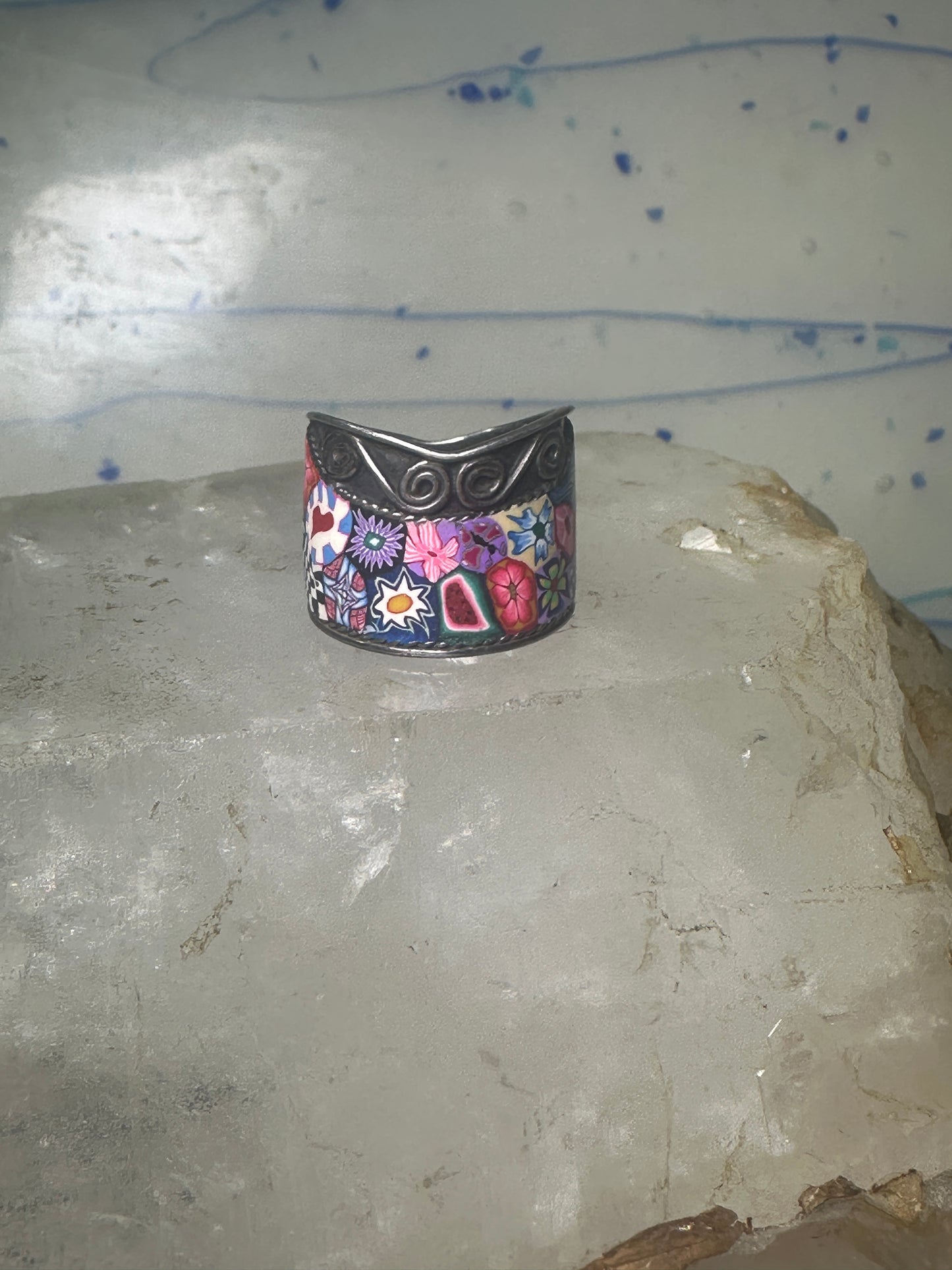 Millefiori ring cigar band floral flowers rope design glass sterling silver size 8 women girls