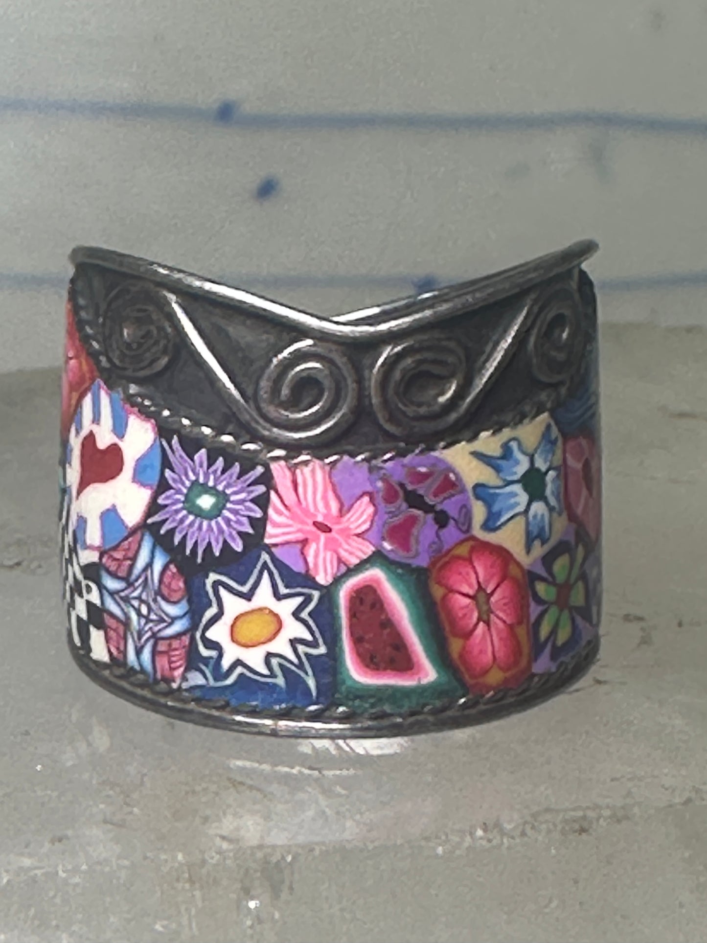 Millefiori ring cigar band floral flowers rope design glass sterling silver size 8 women girls