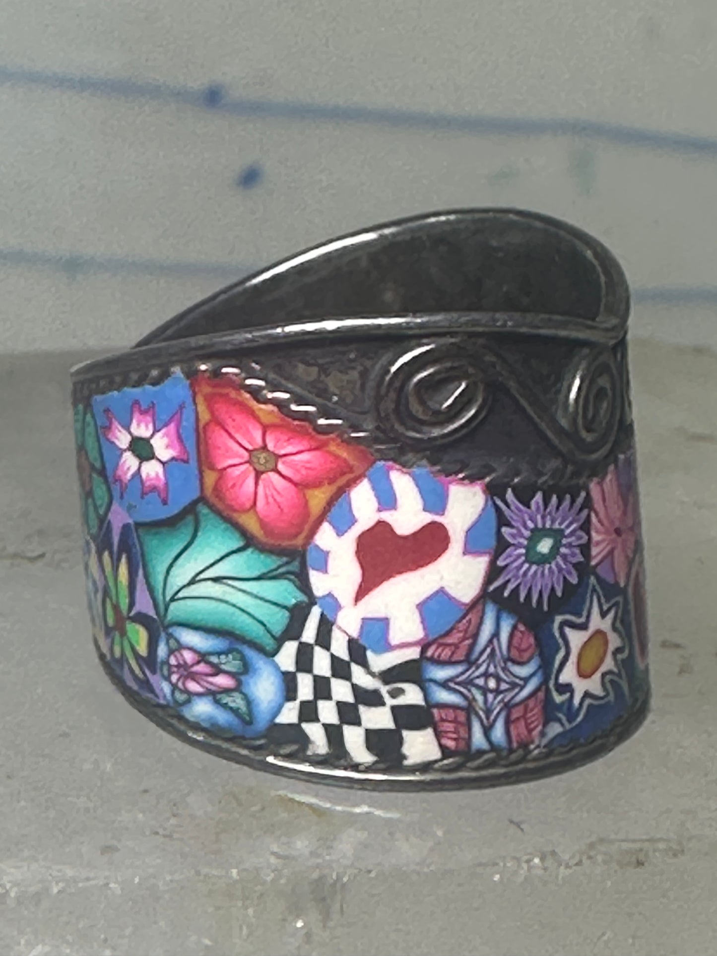 Millefiori ring cigar band floral flowers rope design glass sterling silver size 8 women girls