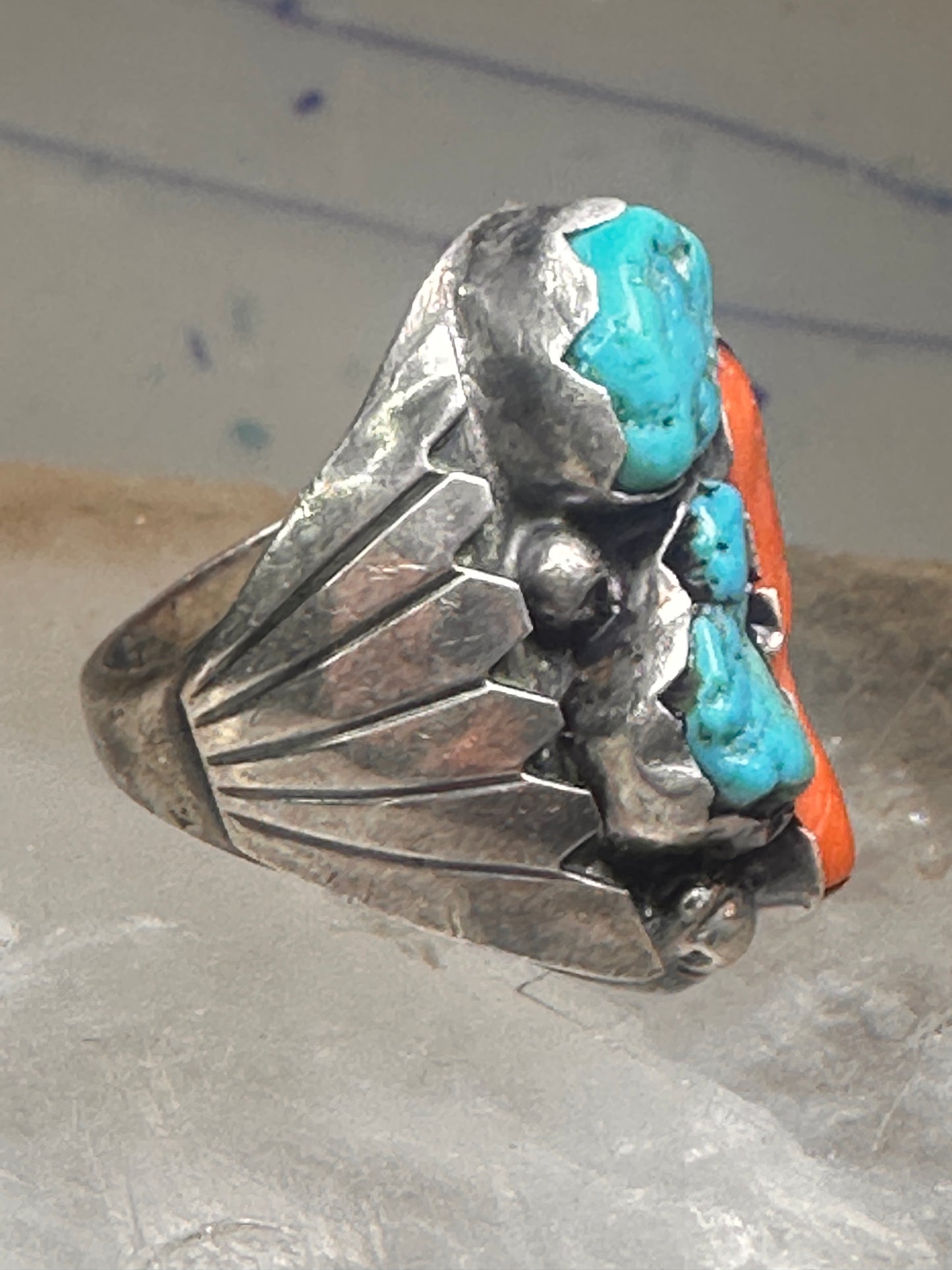 Navajo ring Turquoise Coral band Size 9 sterling silver women men&nbsp;