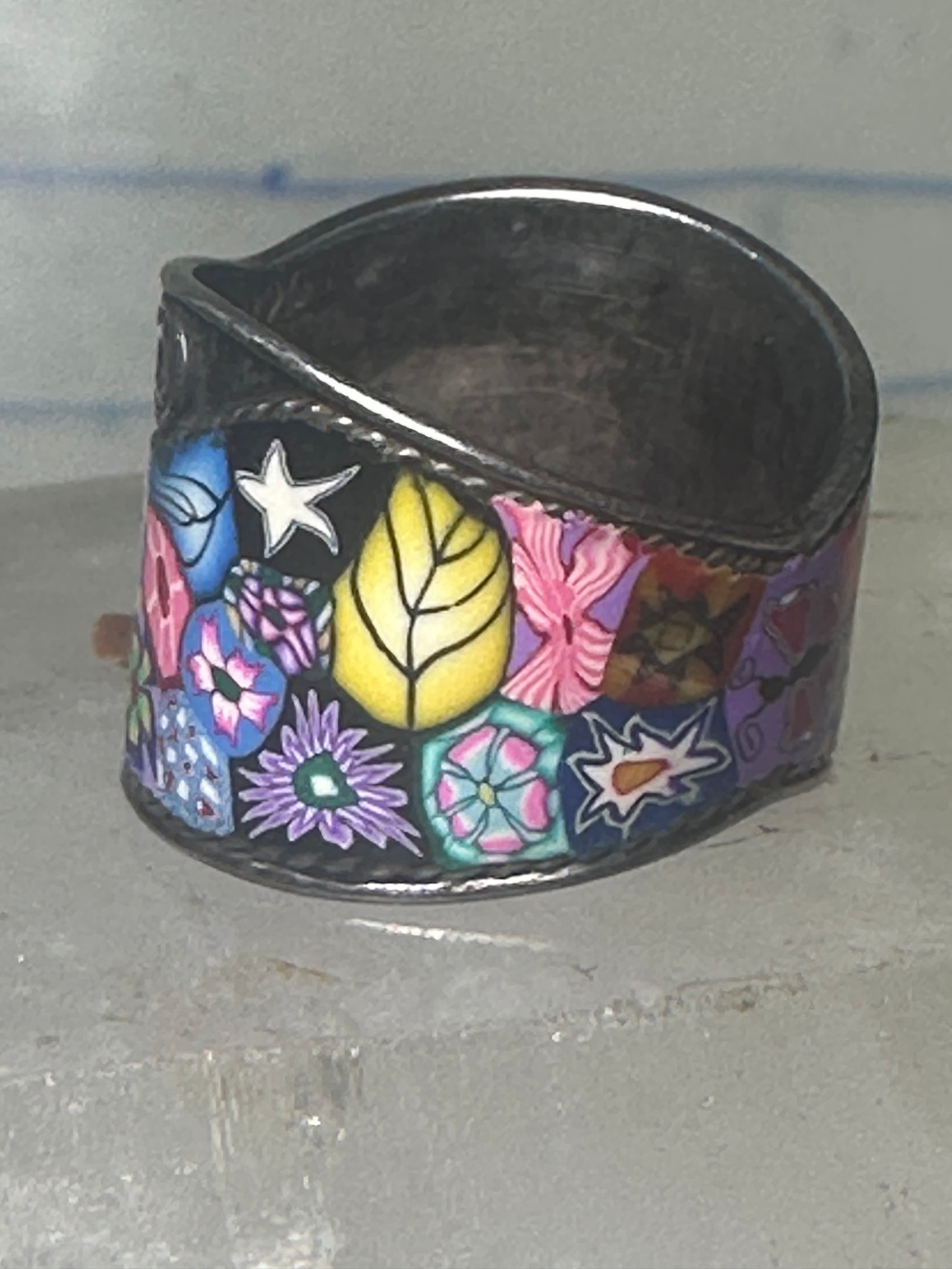Millefiori ring cigar band floral flowers rope design glass sterling silver size 8 women girls