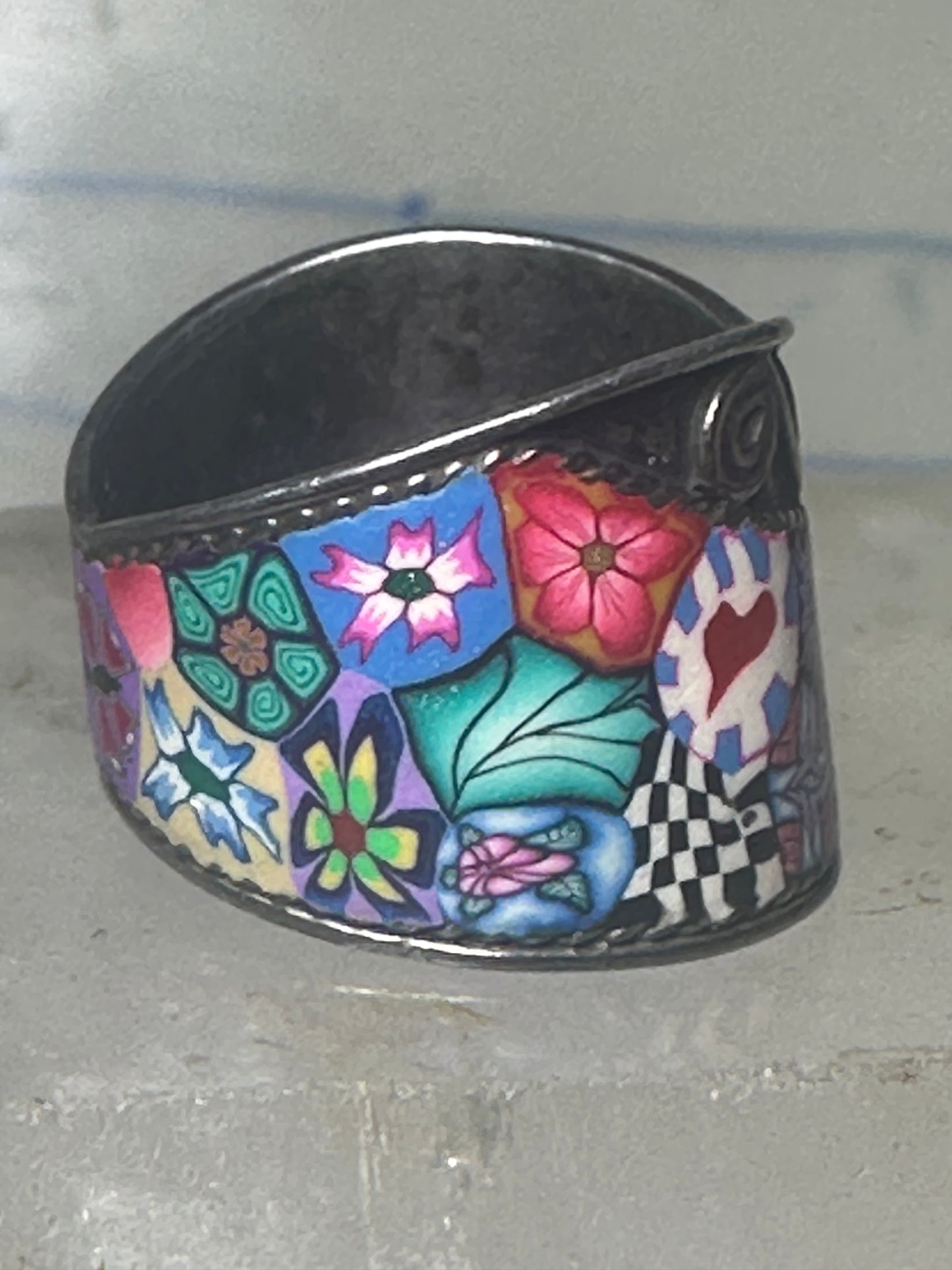 Millefiori ring cigar band floral flowers rope design glass sterling silver size 8 women girls