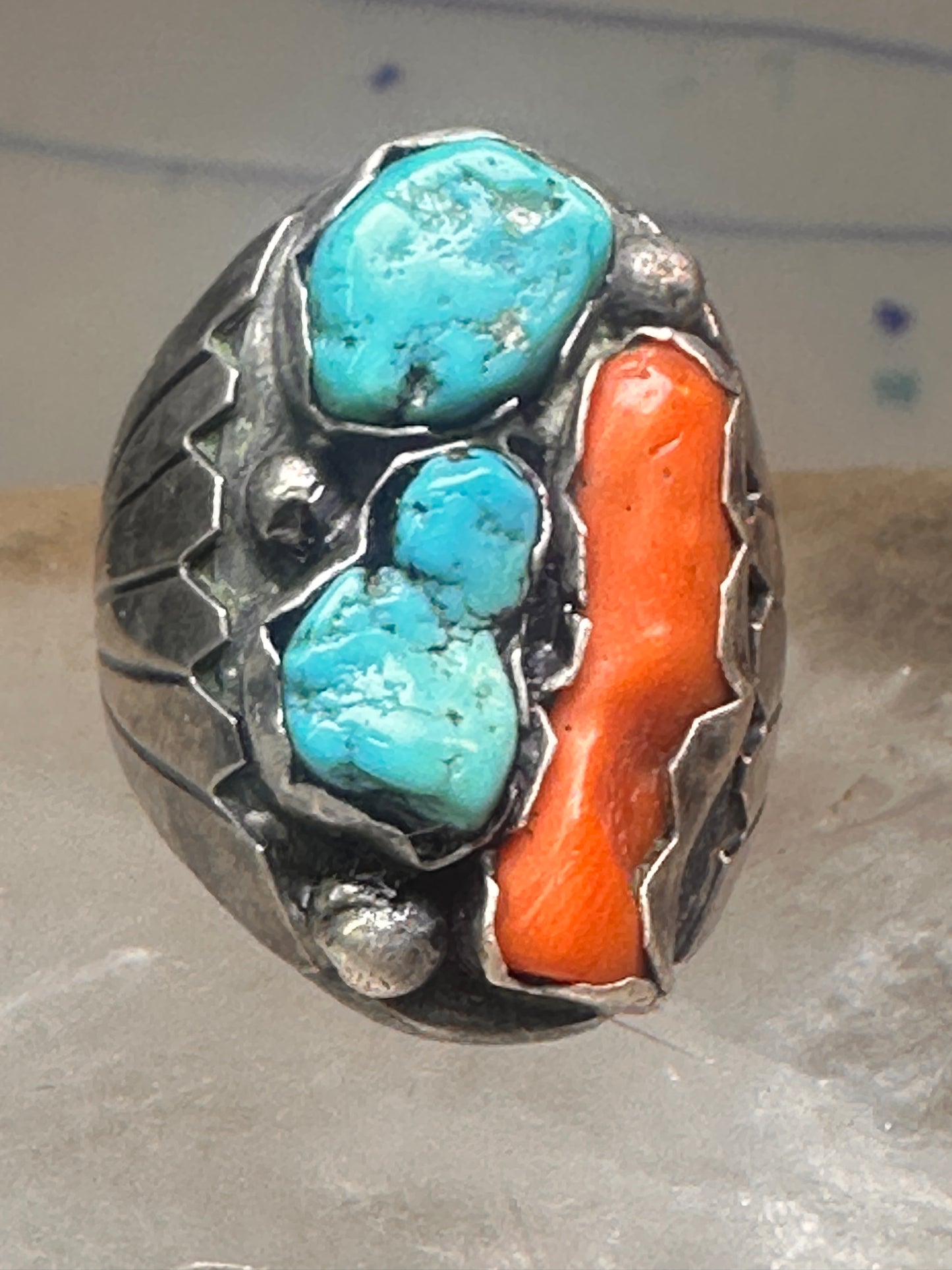 Navajo ring Turquoise Coral band Size 9 sterling silver women men&nbsp;