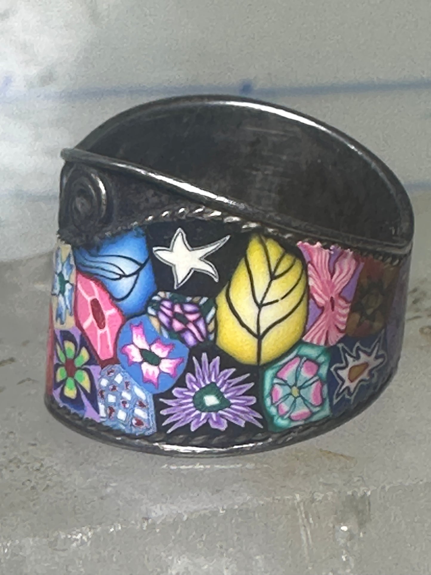 Millefiori ring cigar band floral flowers rope design glass sterling silver size 8 women girls