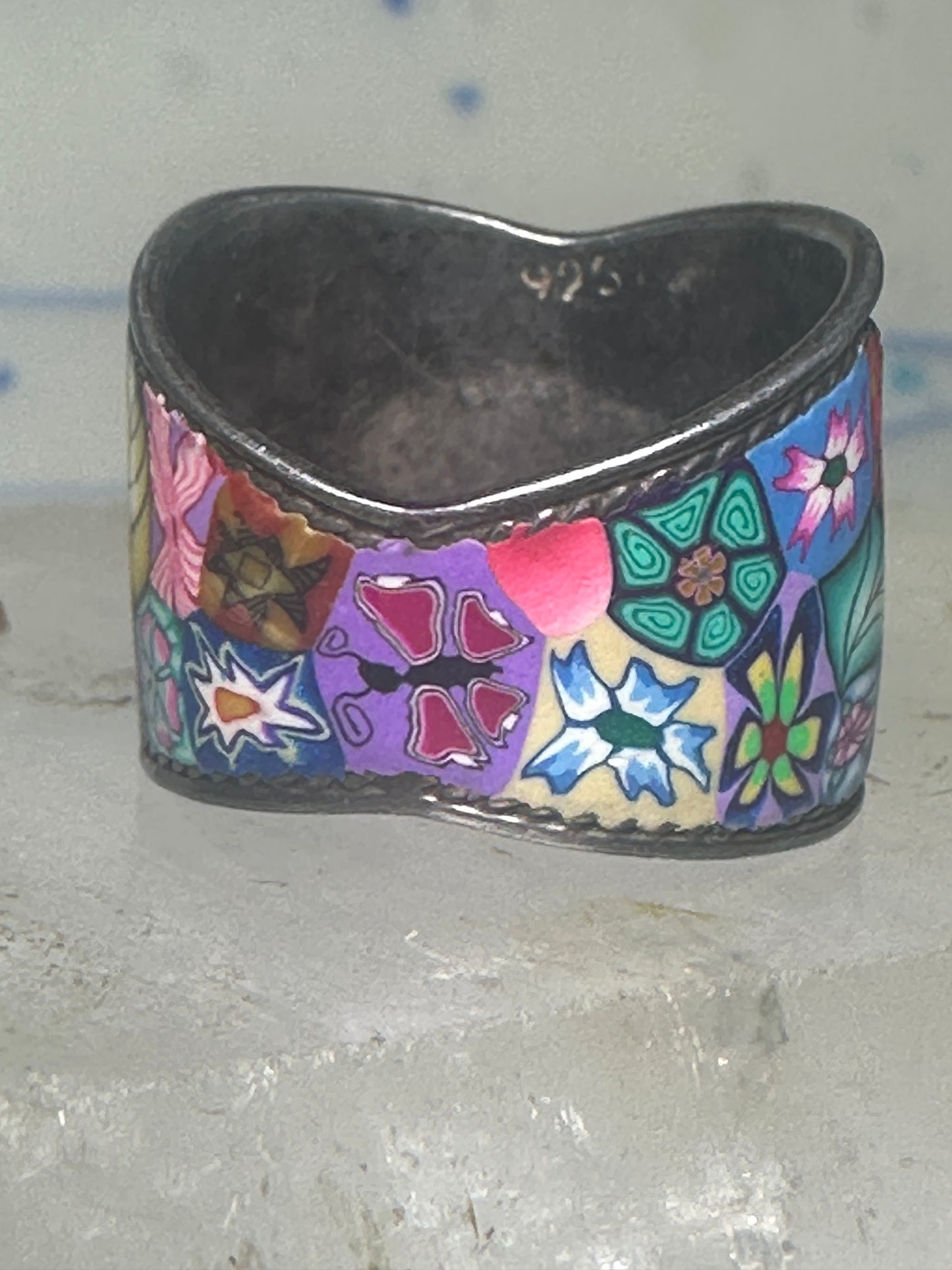 Millefiori ring cigar band floral flowers rope design glass sterling silver size 8 women girls