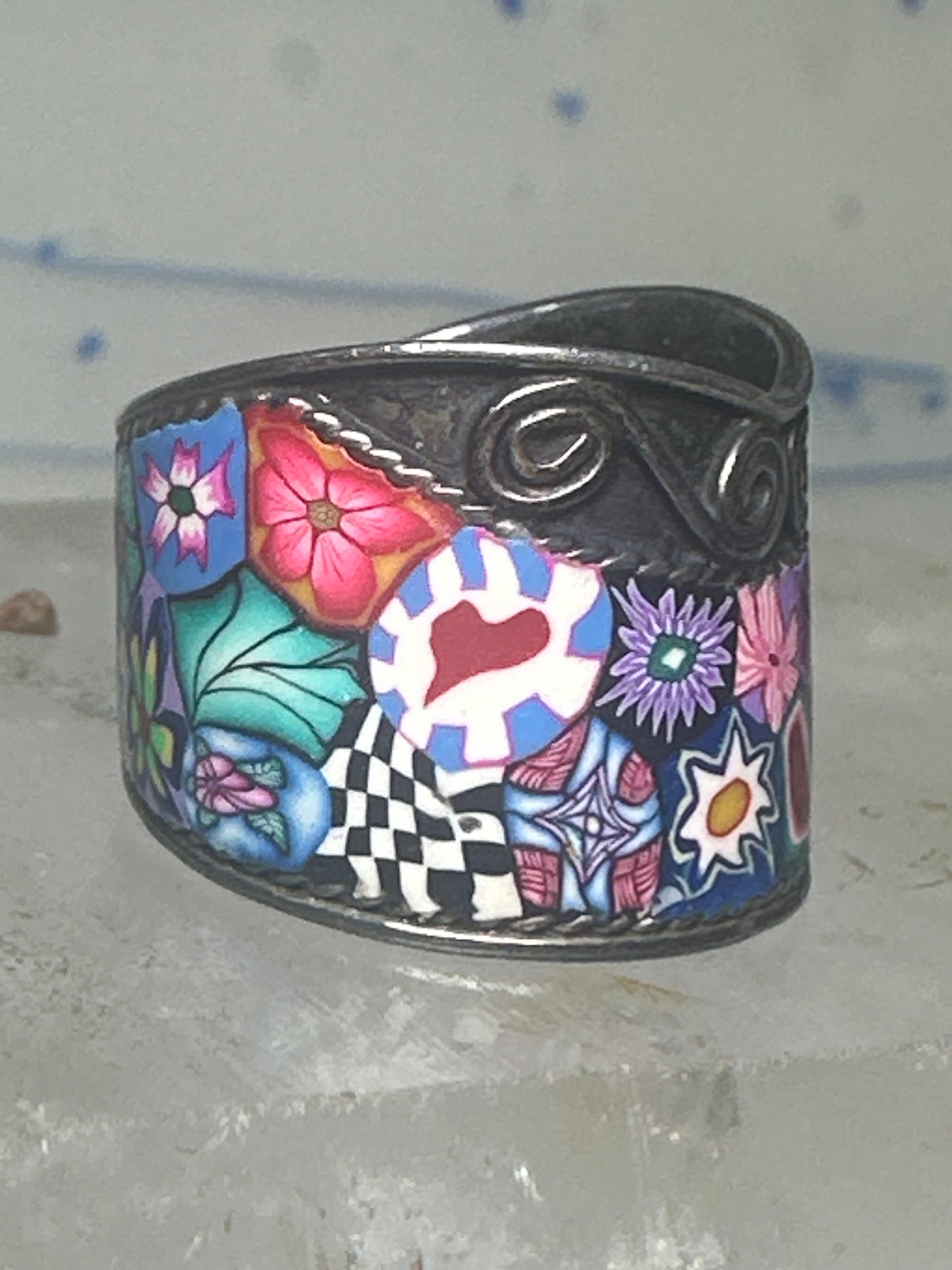 Millefiori ring cigar band floral flowers rope design glass sterling silver size 8 women girls