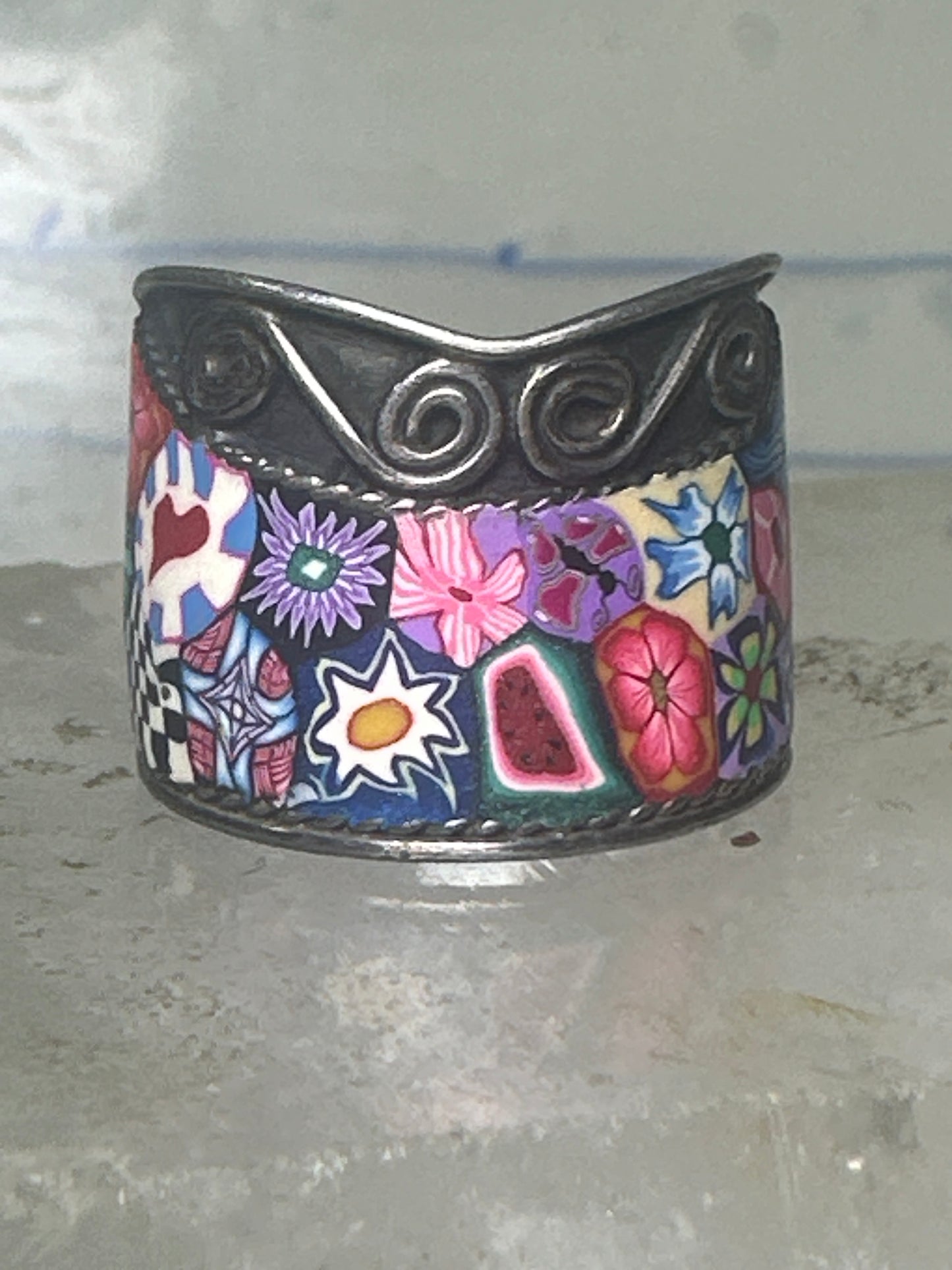 Millefiori ring cigar band floral flowers rope design glass sterling silver size 8 women girls