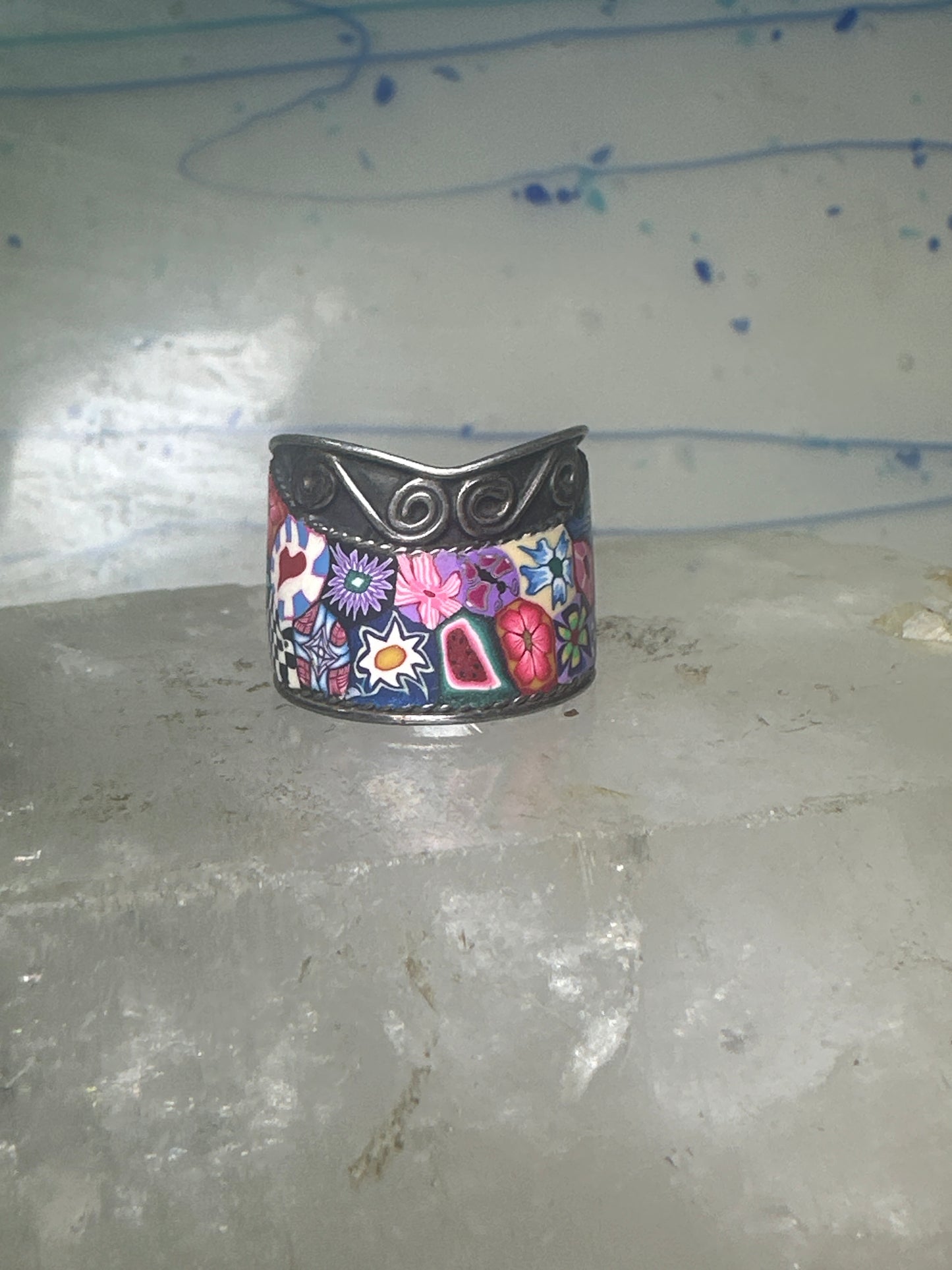 Millefiori ring cigar band floral flowers rope design glass sterling silver size 8 women girls