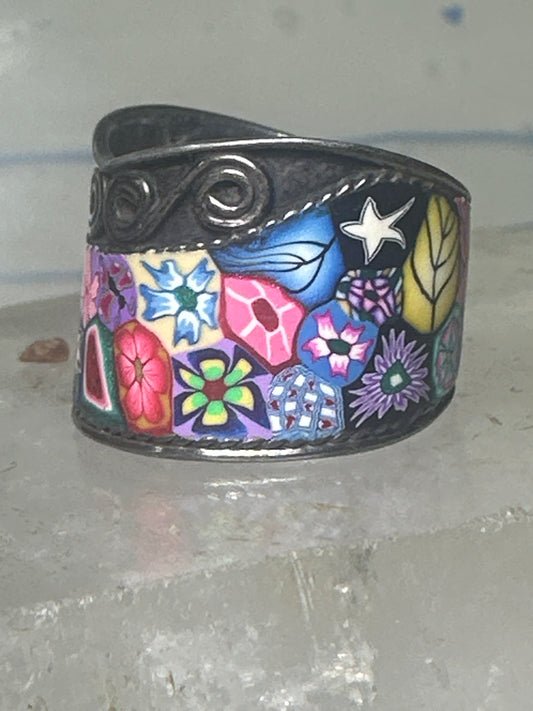 Millefiori ring cigar band floral flowers rope design glass sterling silver size 8 women girls