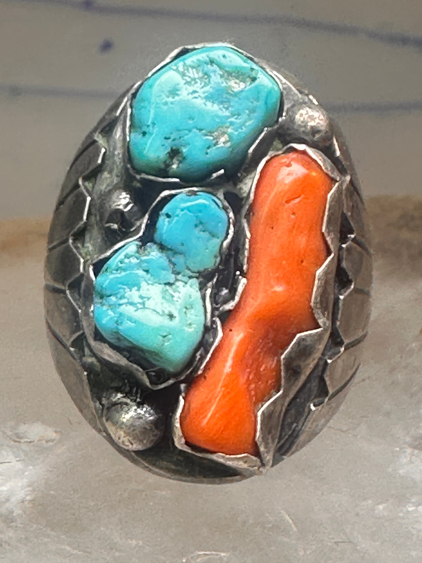 Navajo ring Turquoise Coral band Size 9 sterling silver women men&nbsp;