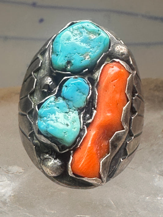 Vintage Navajo Sterling Silver Turquoise & Red Coral Statement Ring - Size 9