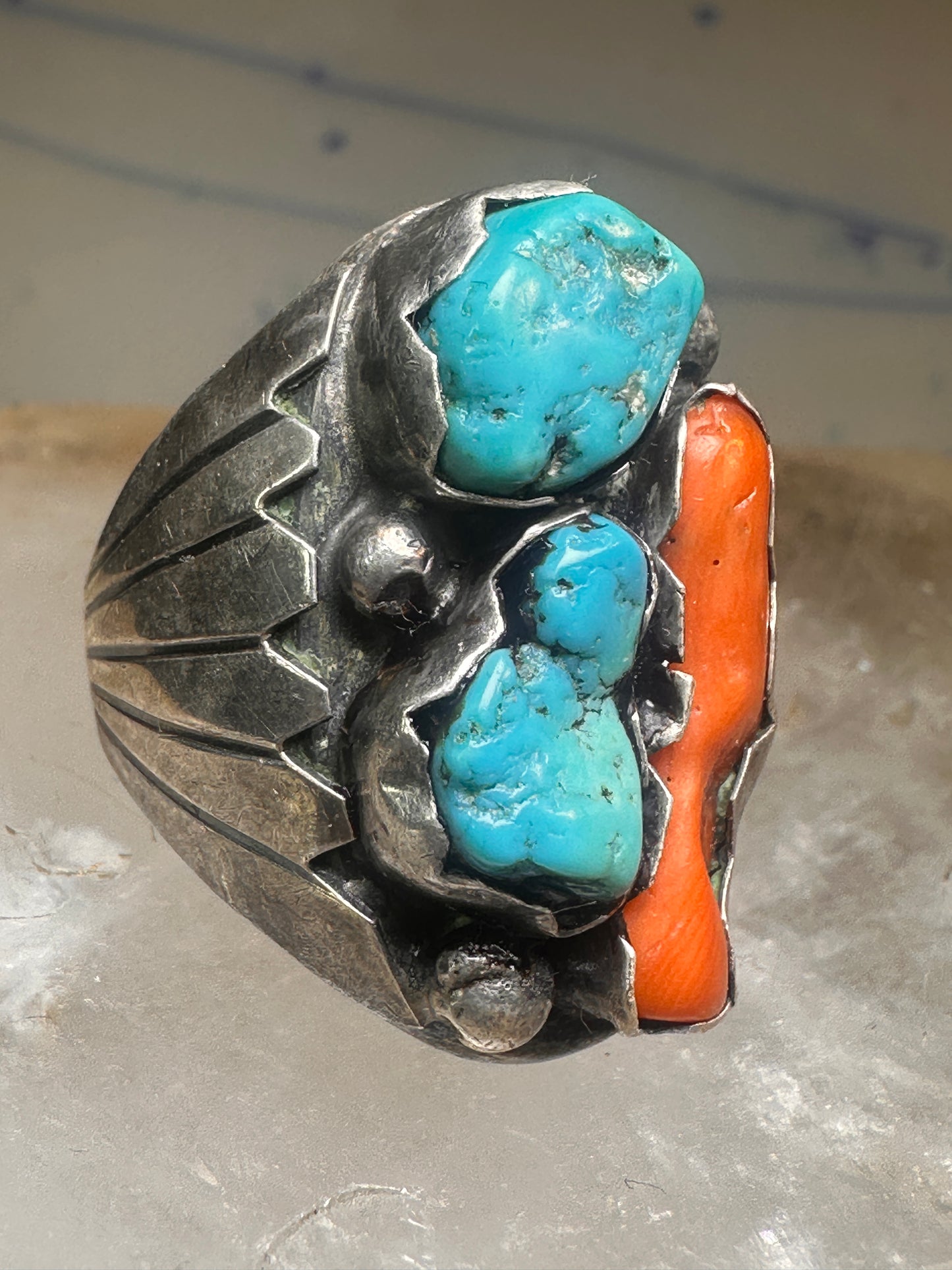 Navajo ring Turquoise Coral band Size 9 sterling silver women men&nbsp;