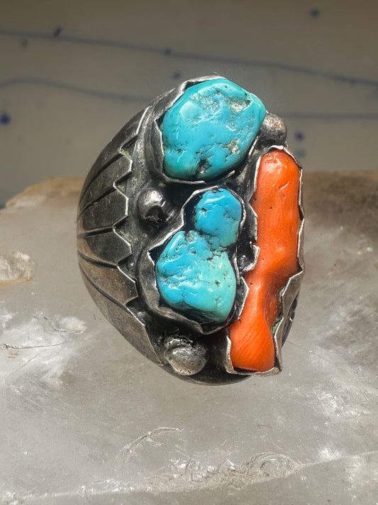 Vintage Navajo Sterling Silver Turquoise & Red Coral Statement Ring - Size 9