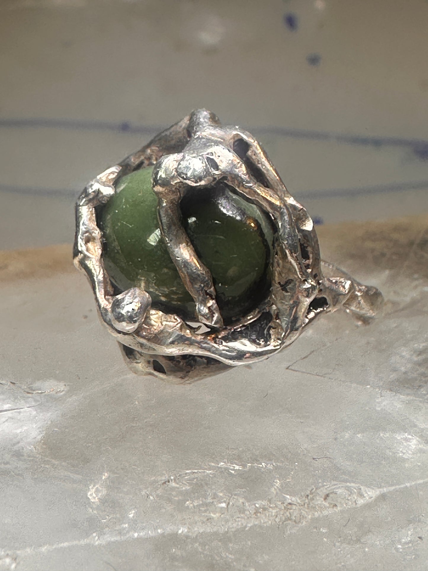 Figurative ring Abstract band Green Stone Size 5.75 sterling silver women