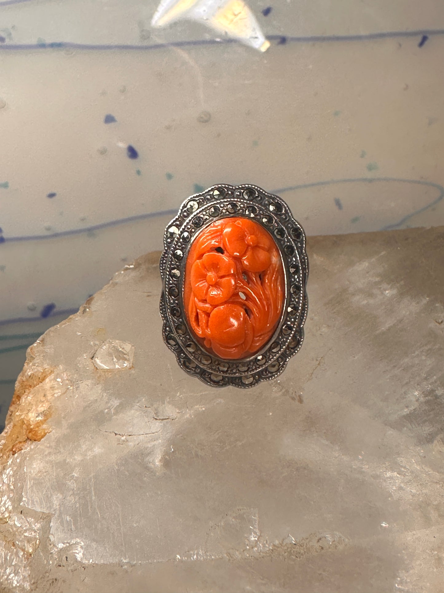 Carved Floral stone ring marcasites Art Deco size 5 sterling silver women