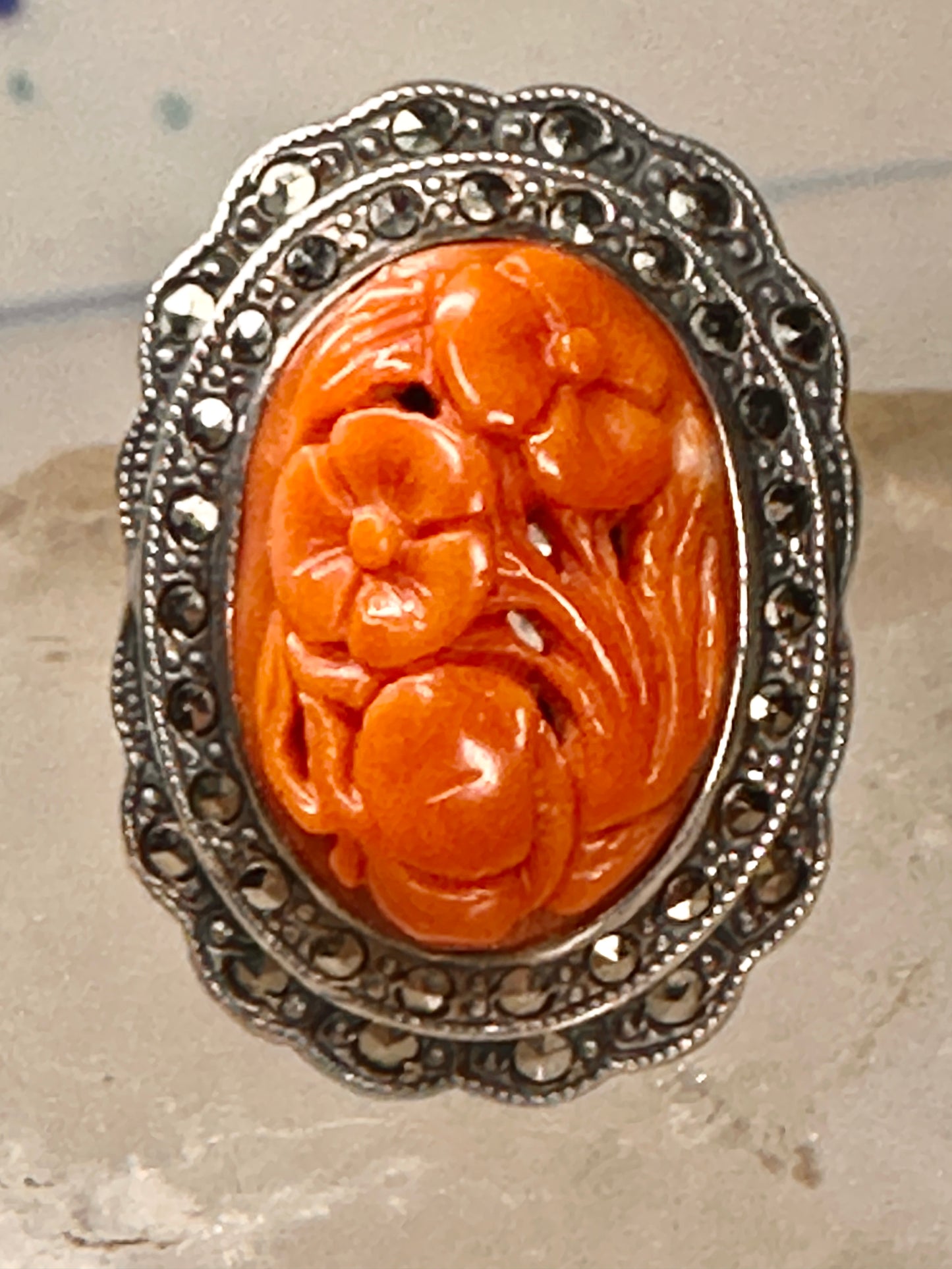 Carved Floral stone ring marcasites Art Deco size 5 sterling silver women