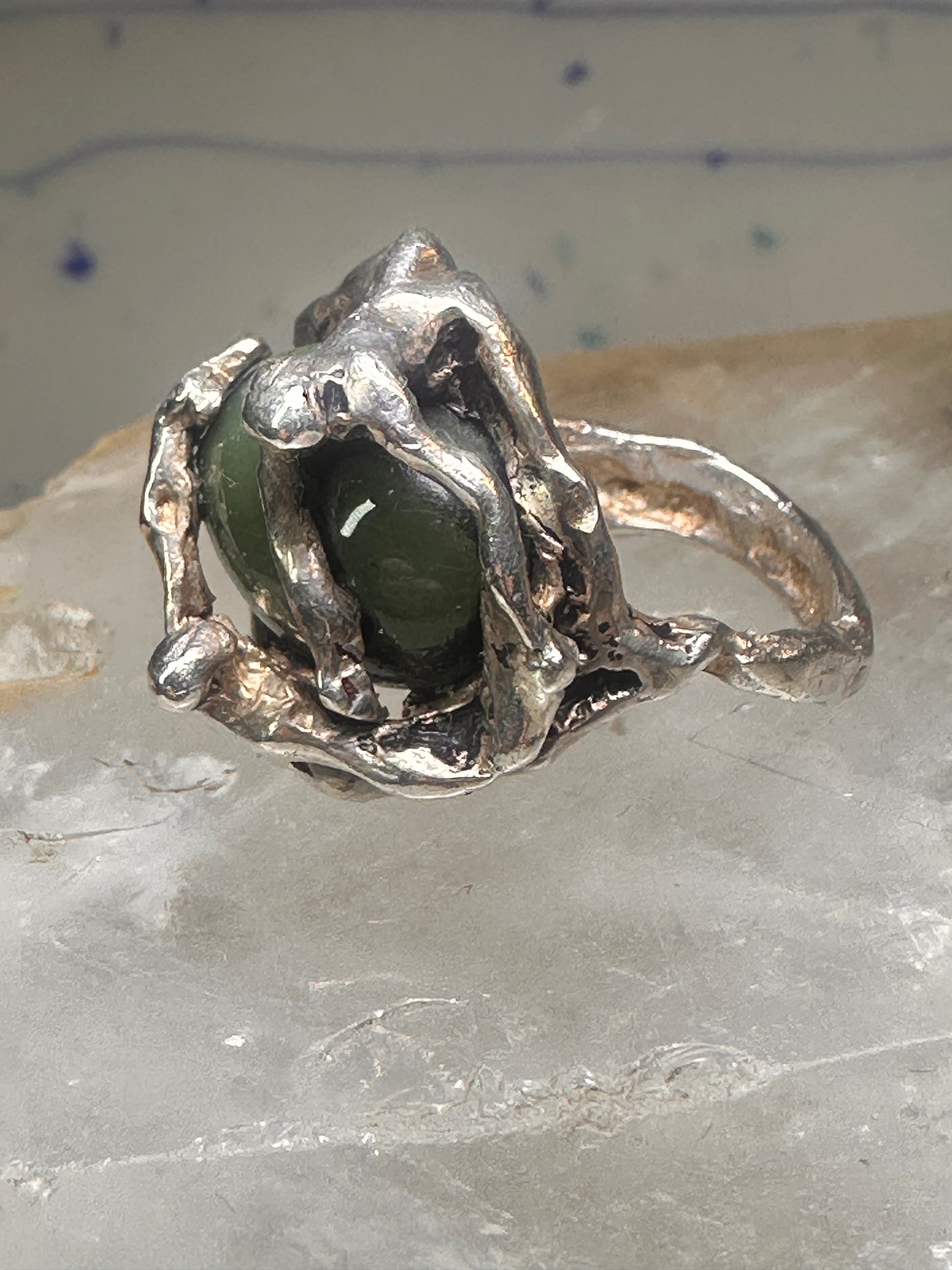 Figurative ring Abstract band Green Stone Size 5.75 sterling silver women