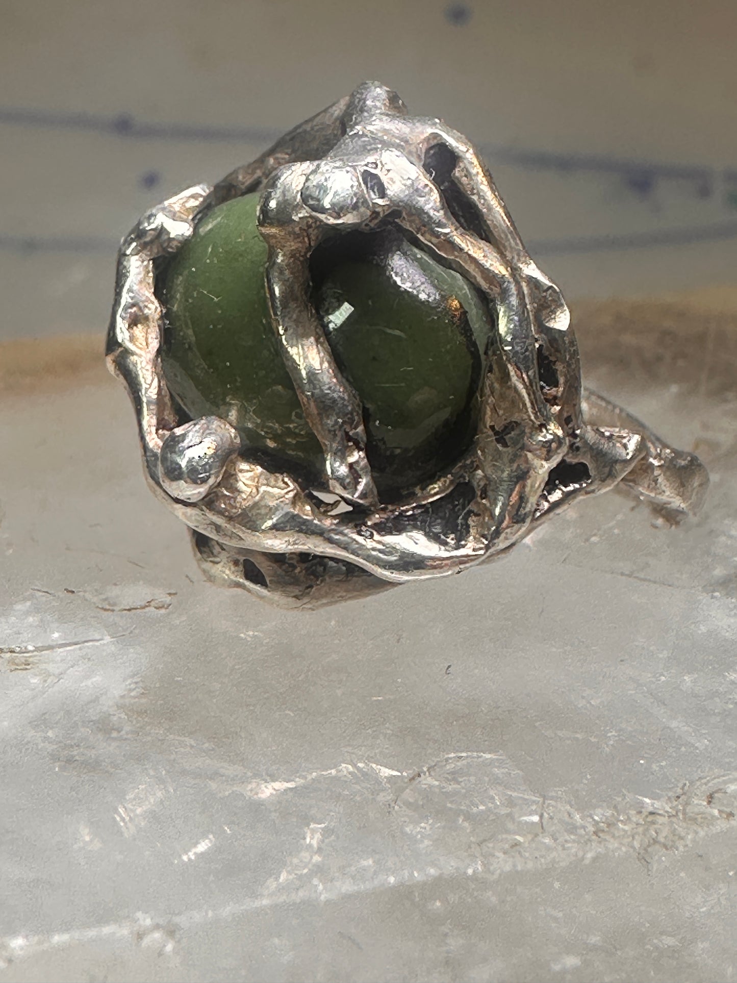 Figurative ring Abstract band Green Stone Size 5.75 sterling silver women