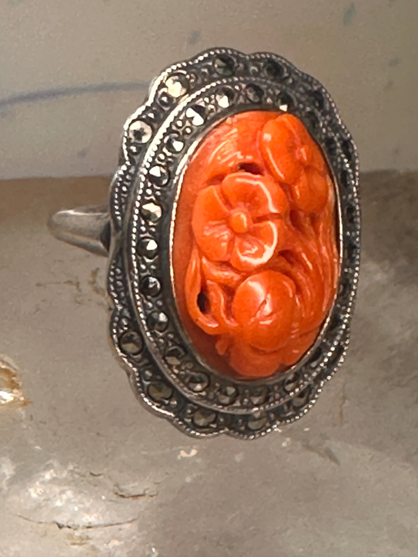 Carved Floral stone ring marcasites Art Deco size 5 sterling silver women