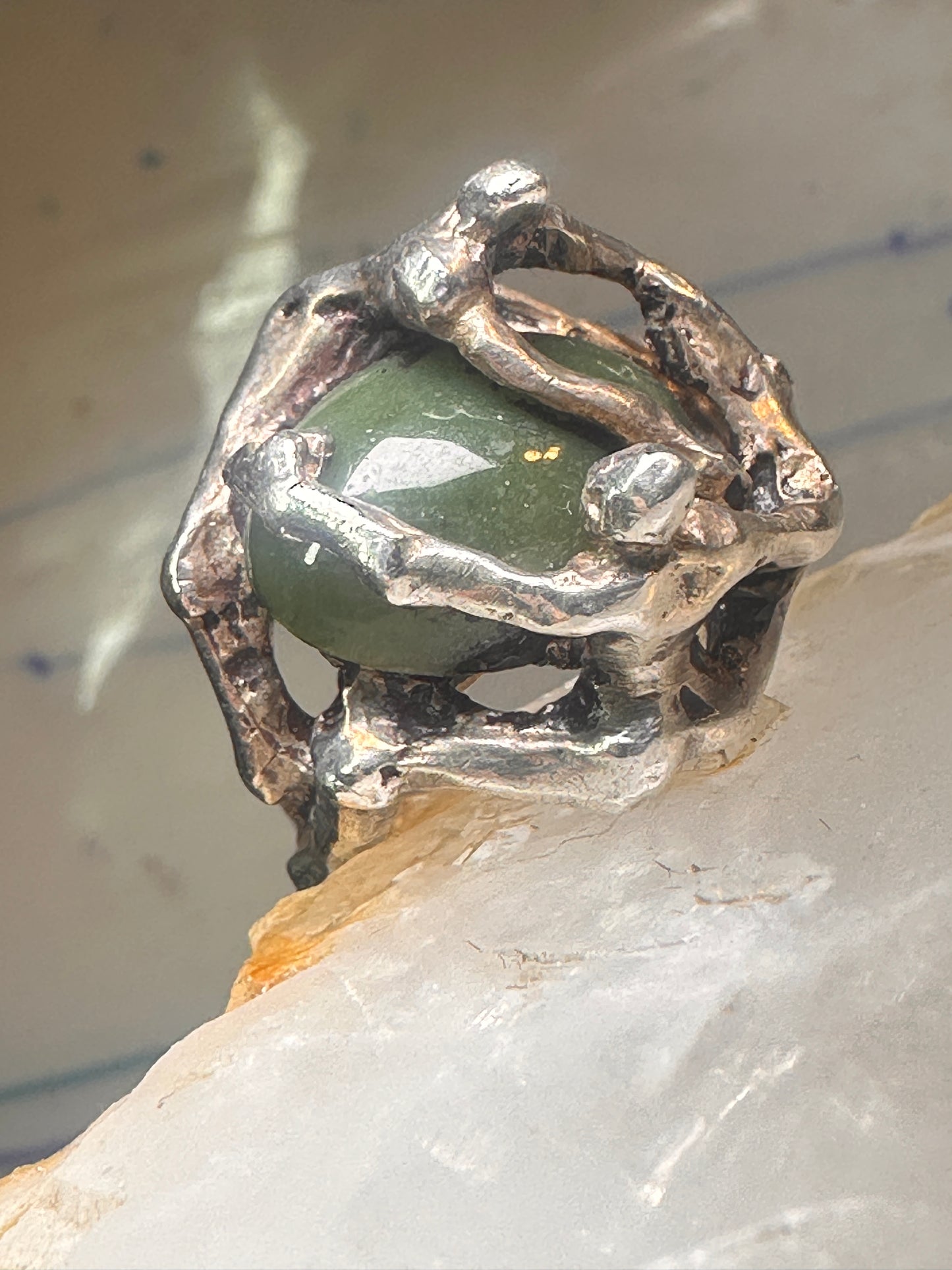 Figurative ring Abstract band Green Stone Size 5.75 sterling silver women