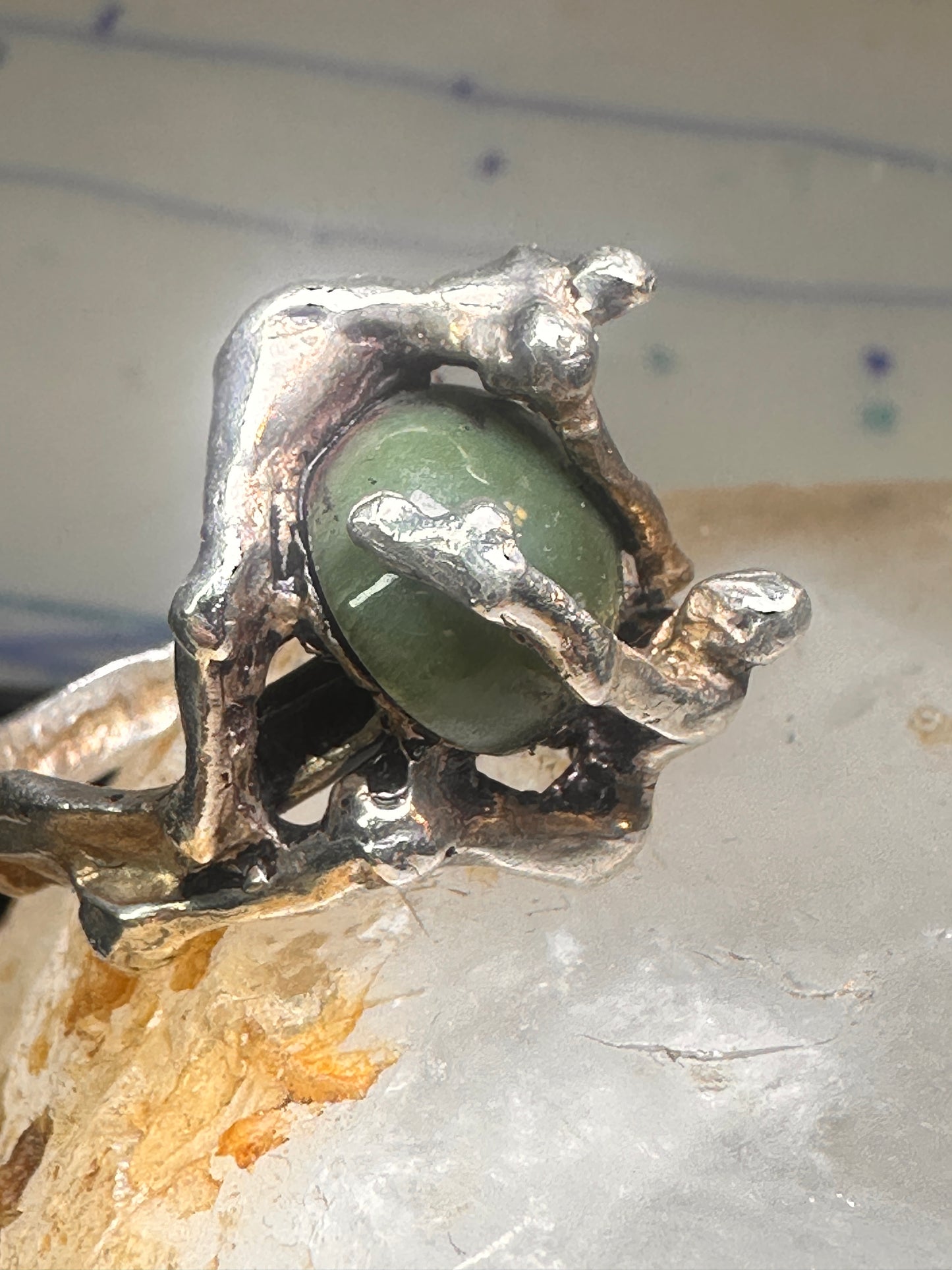 Figurative ring Abstract band Green Stone Size 5.75 sterling silver women