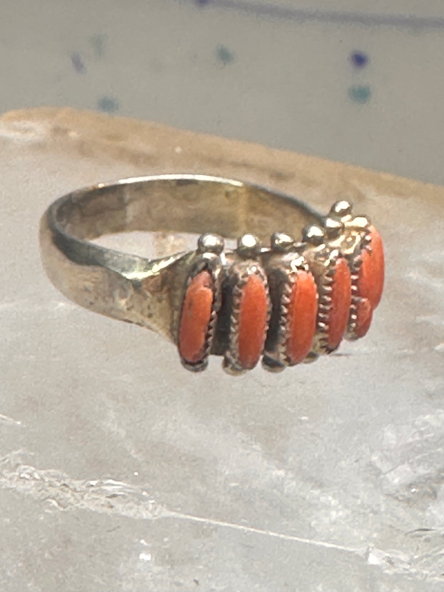 Zuni ring coral needlepoint petite point Size 7.75 sterling silver women Paloma