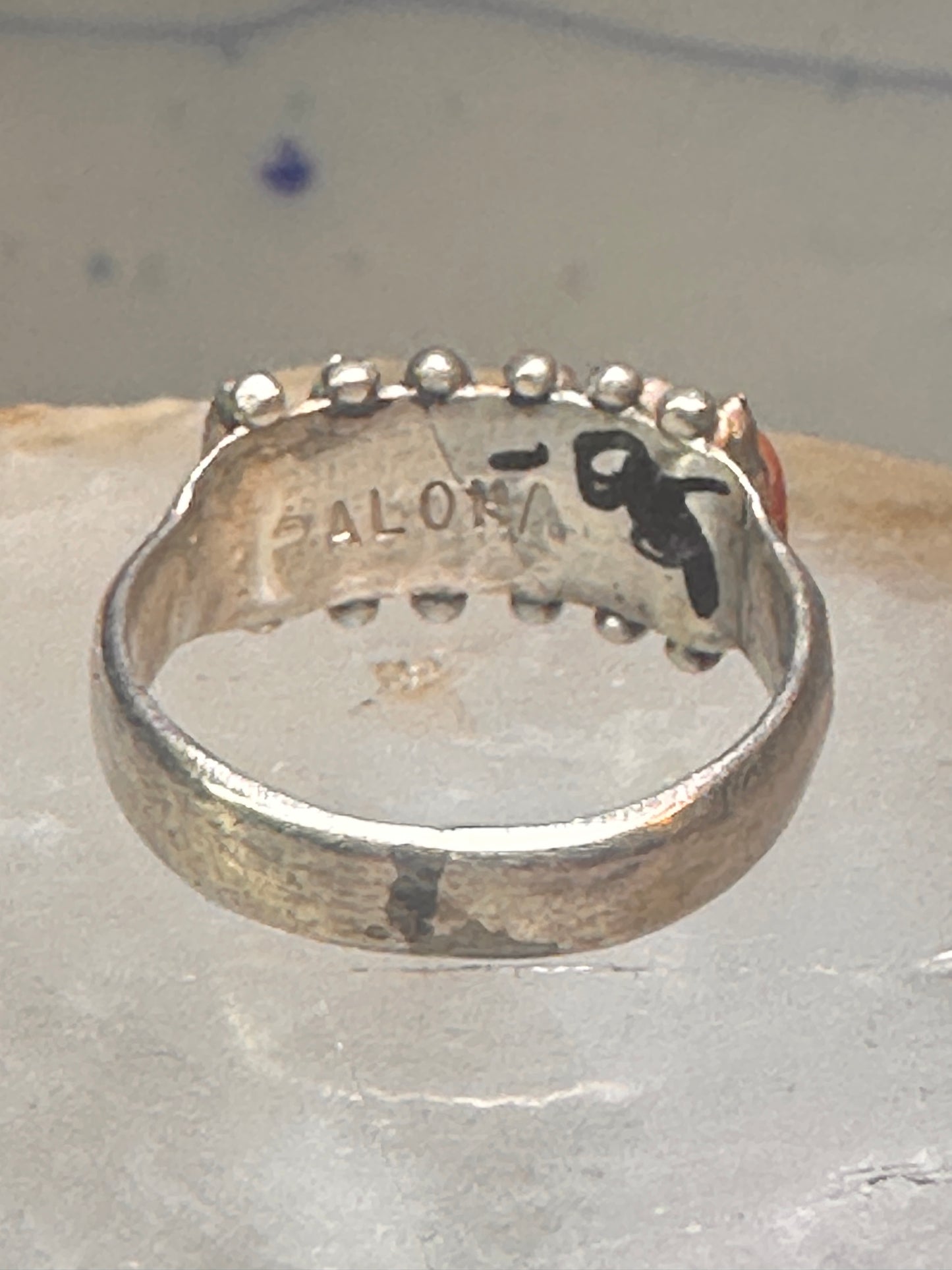 Zuni ring coral needlepoint petite point Size 7.75 sterling silver women Paloma