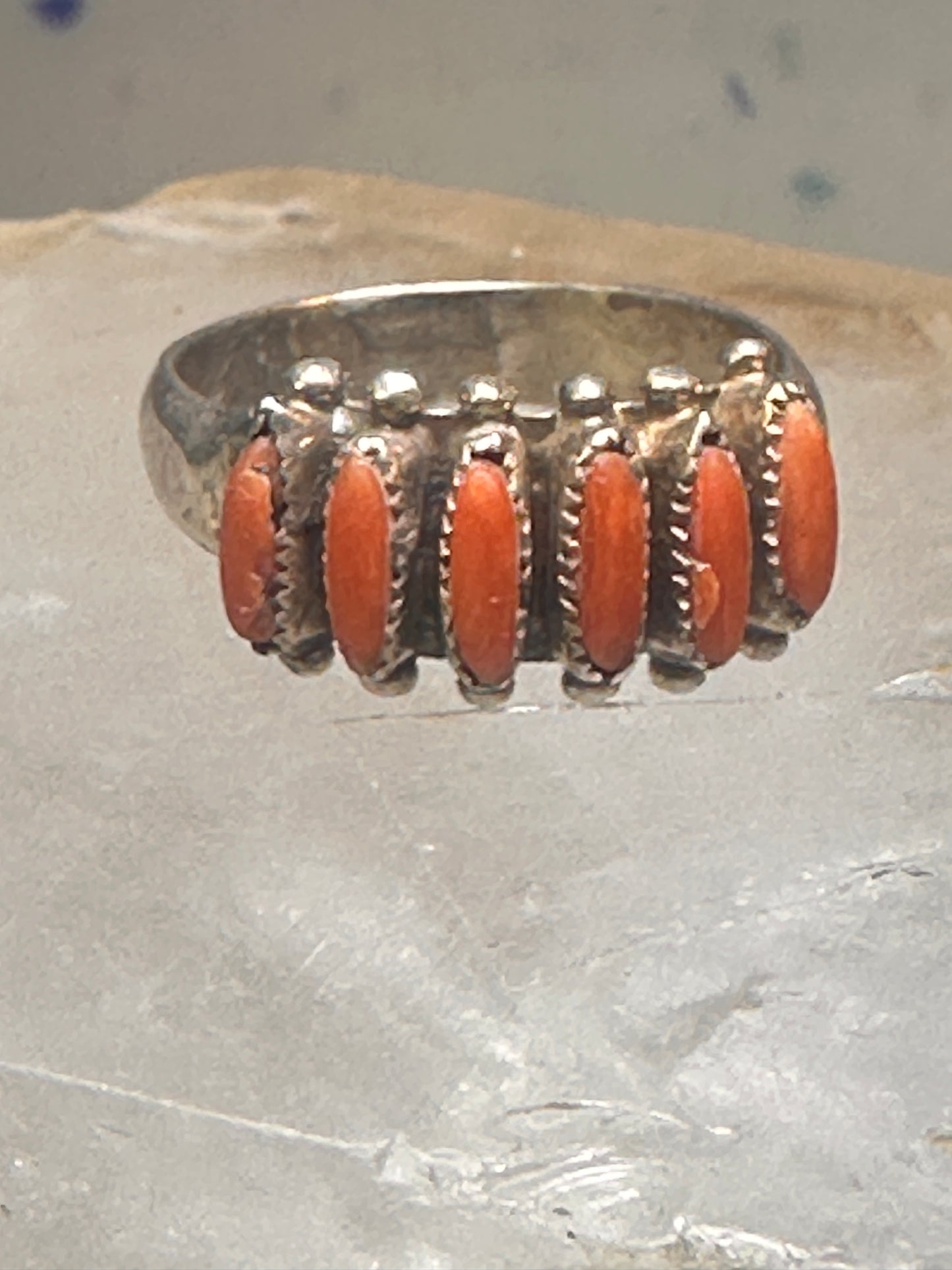 Zuni ring coral needlepoint petite point Size 7.75 sterling silver women Paloma