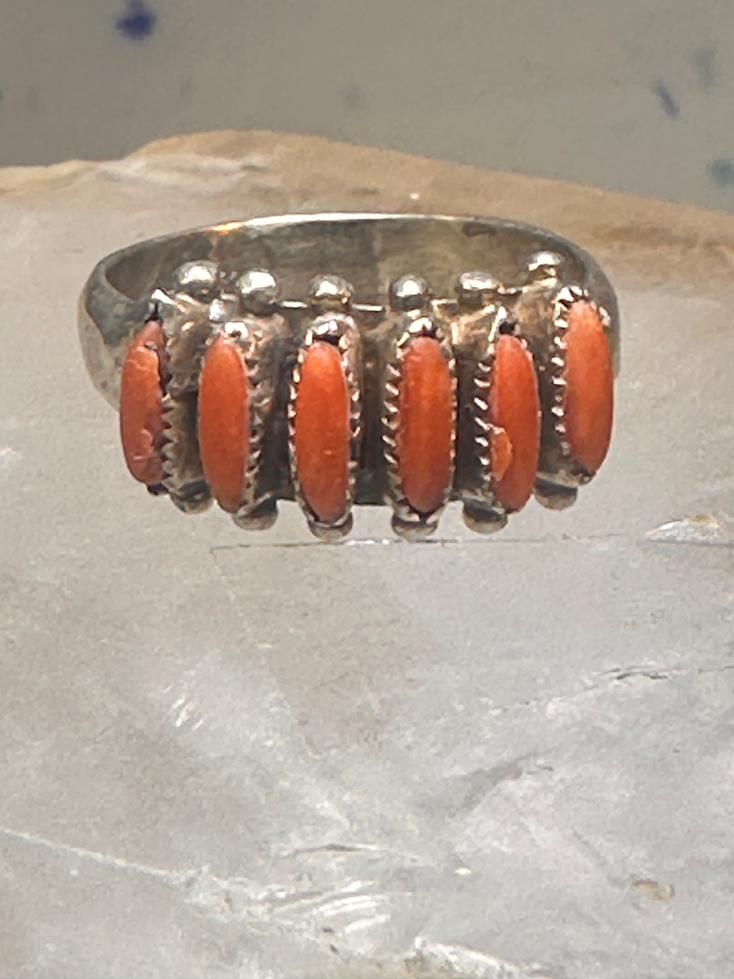 Zuni ring coral needlepoint petite point Size 7.75 sterling silver women Paloma