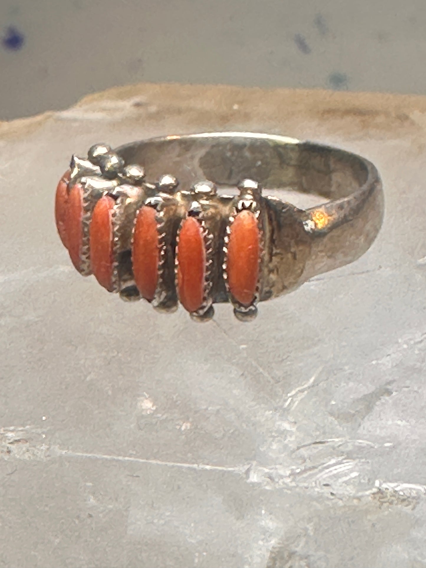 Zuni ring coral needlepoint petite point Size 7.75 sterling silver women Paloma
