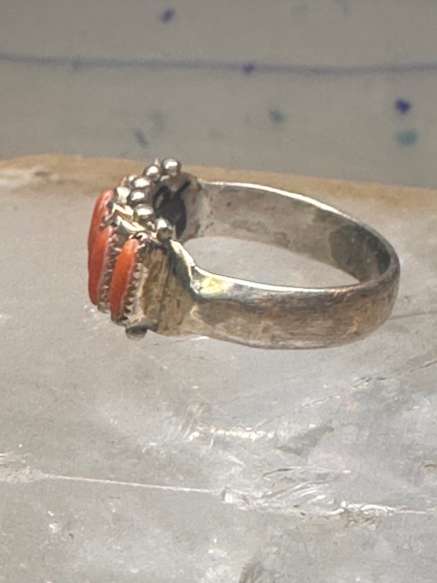 Zuni ring coral needlepoint petite point Size 7.75 sterling silver women Paloma