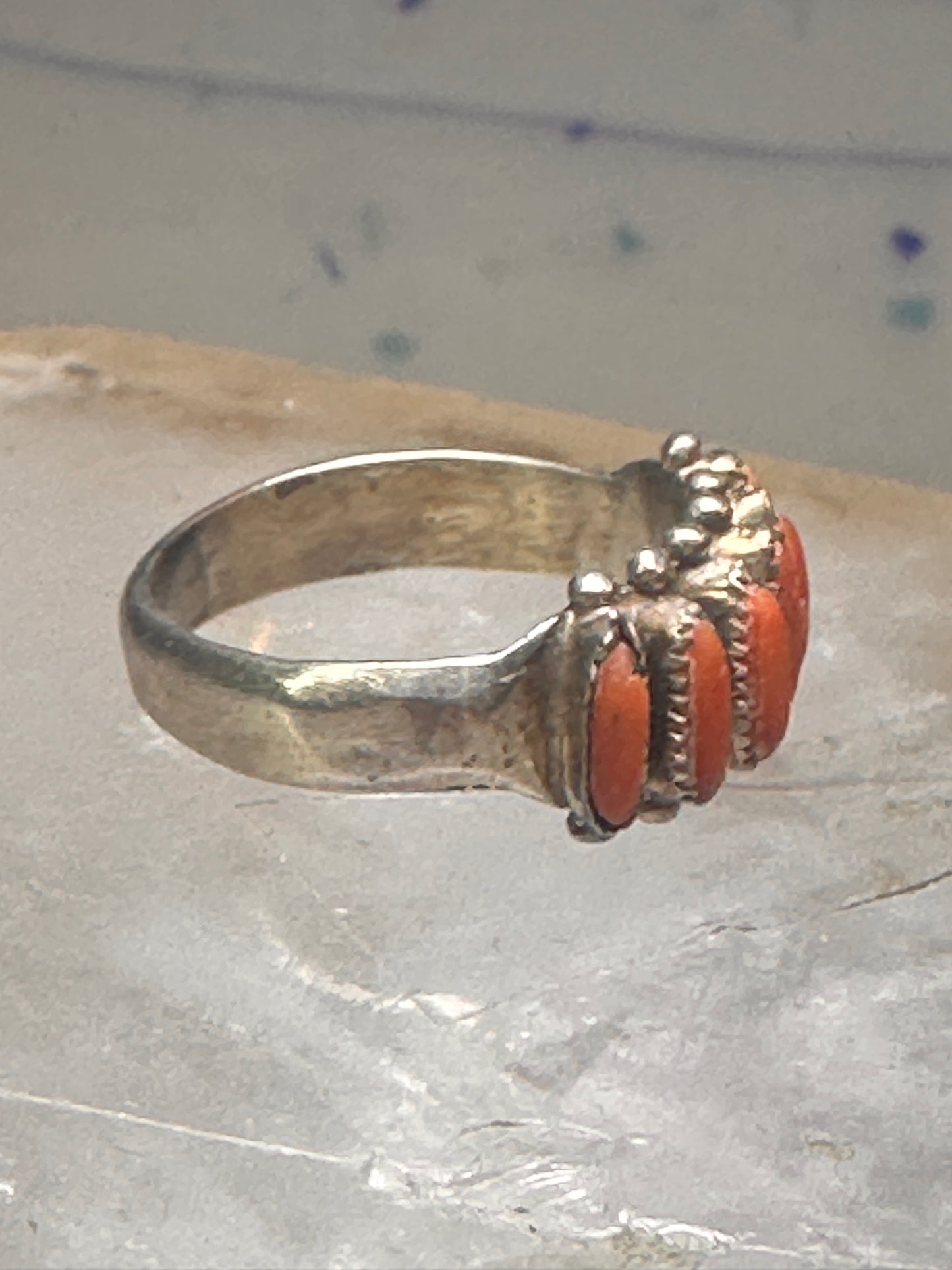 Zuni ring coral needlepoint petite point Size 7.75 sterling silver women Paloma