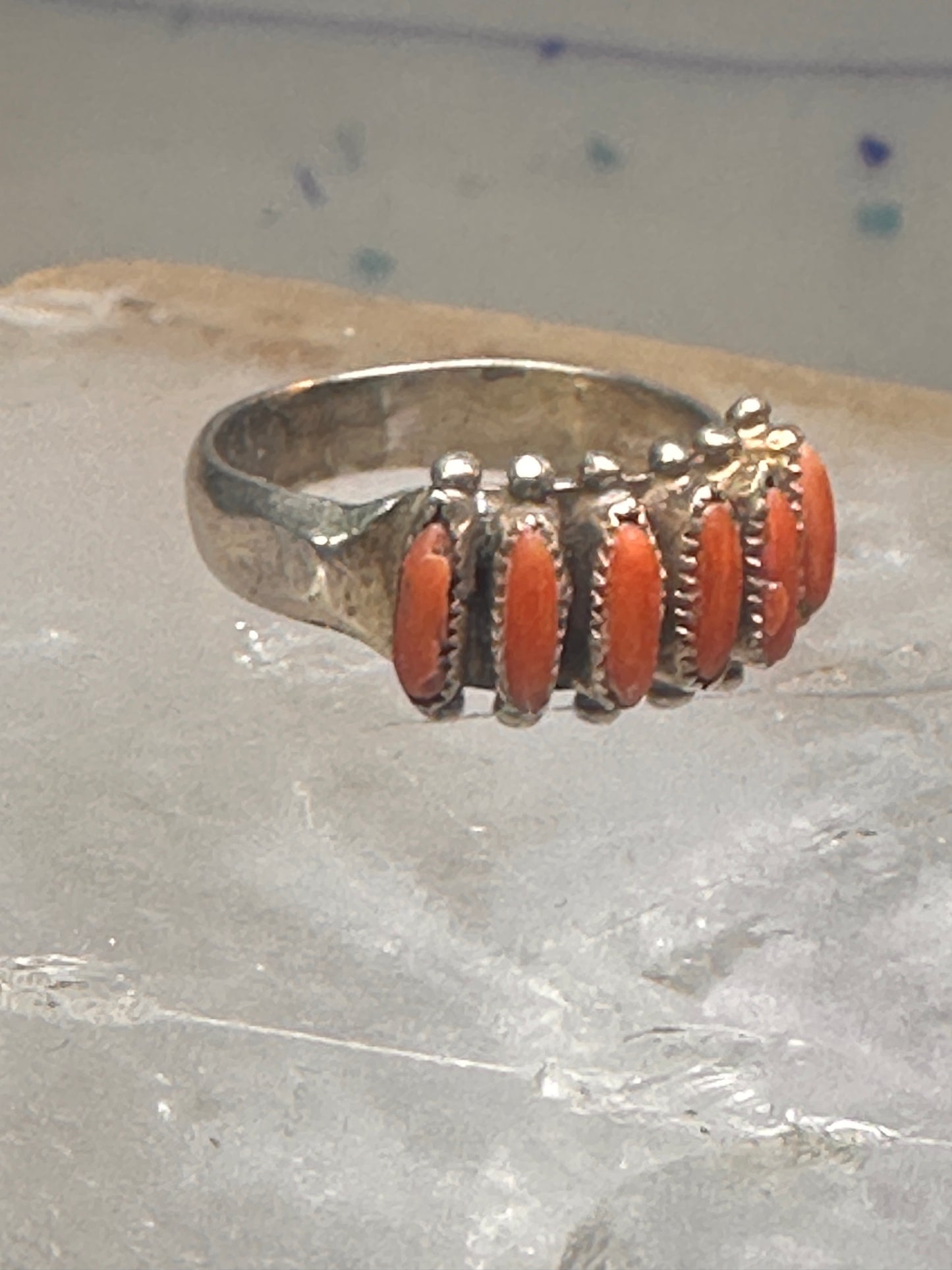 Zuni ring coral needlepoint petite point Size 7.75 sterling silver women Paloma