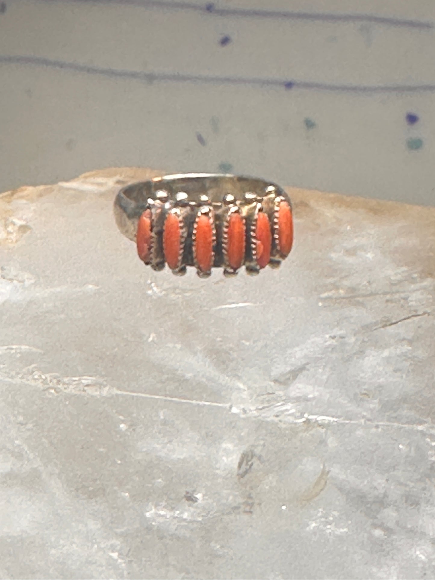 Zuni ring coral needlepoint petite point Size 7.75 sterling silver women Paloma