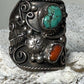 Turquoise coral ring Navajo size 13.25 sterling silver Signed Sanchez VW women men