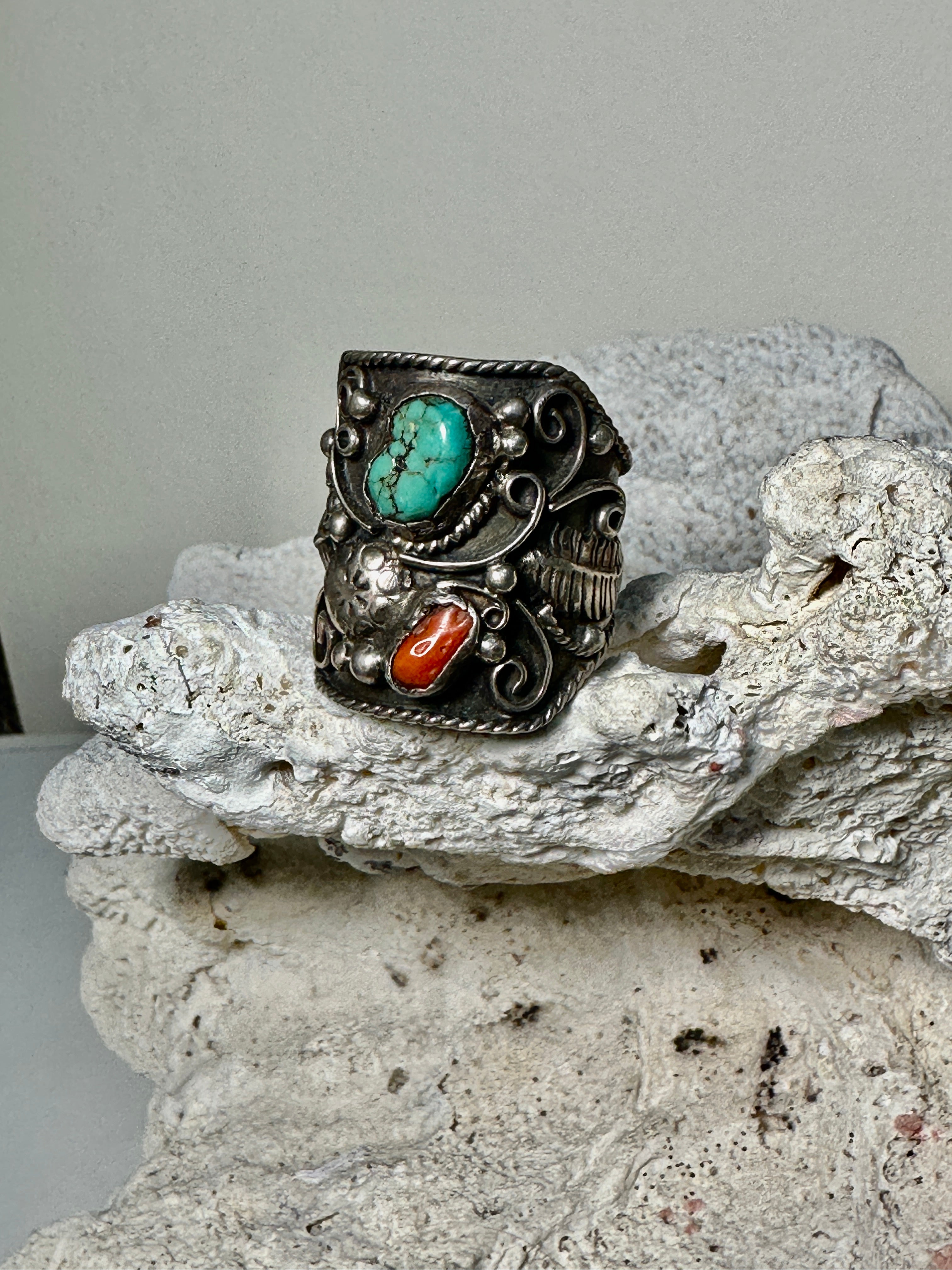 Coral selling and Turquoise Sterling Silver Ring Size 10