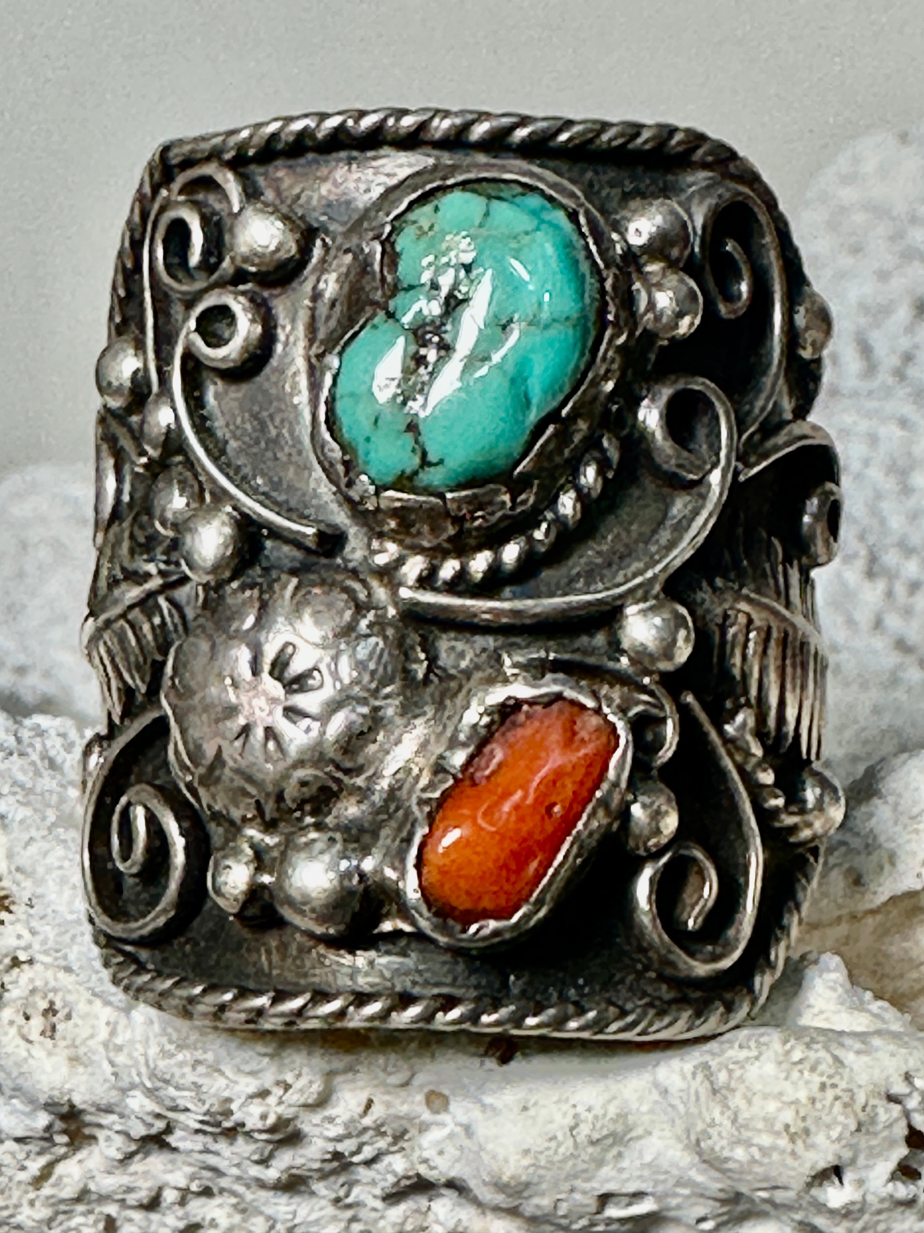 Turquoise/Coral Sterling authentic Silver Ring