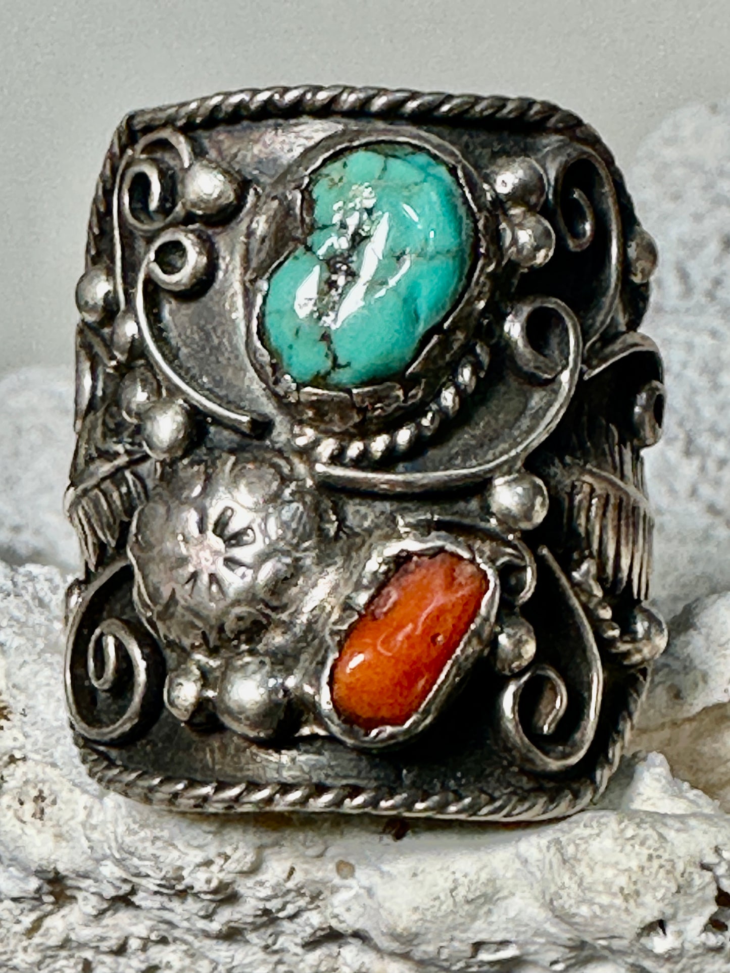 Turquoise coral ring Navajo size 13.25 sterling silver Signed Sanchez VW women men
