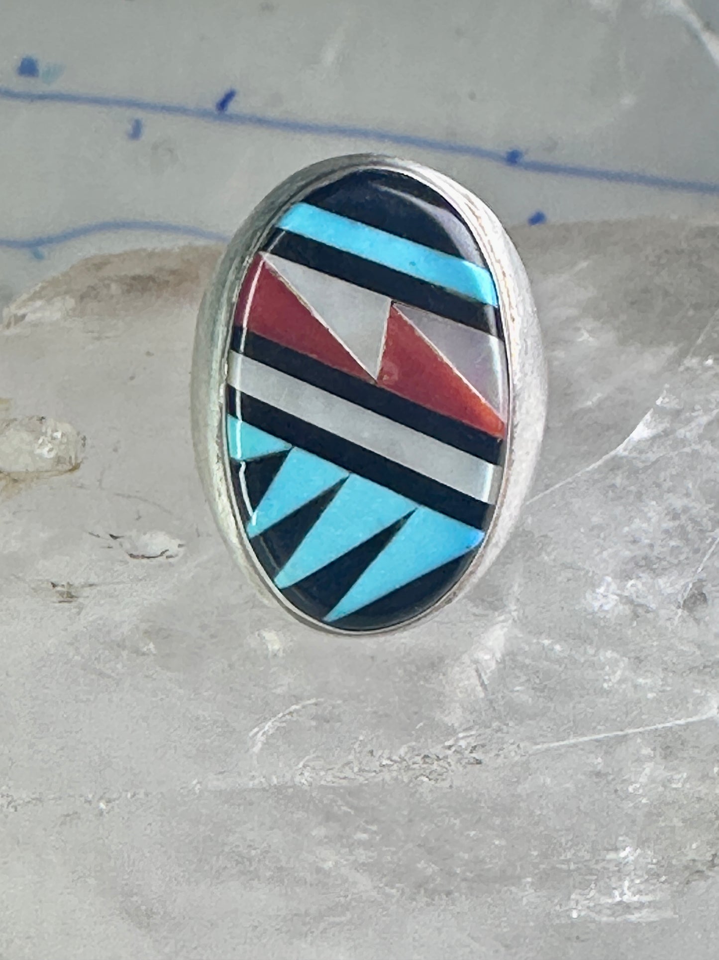 Zuni ring Turquoise coral MOP Onyx band size 8.25 sterling silver women men